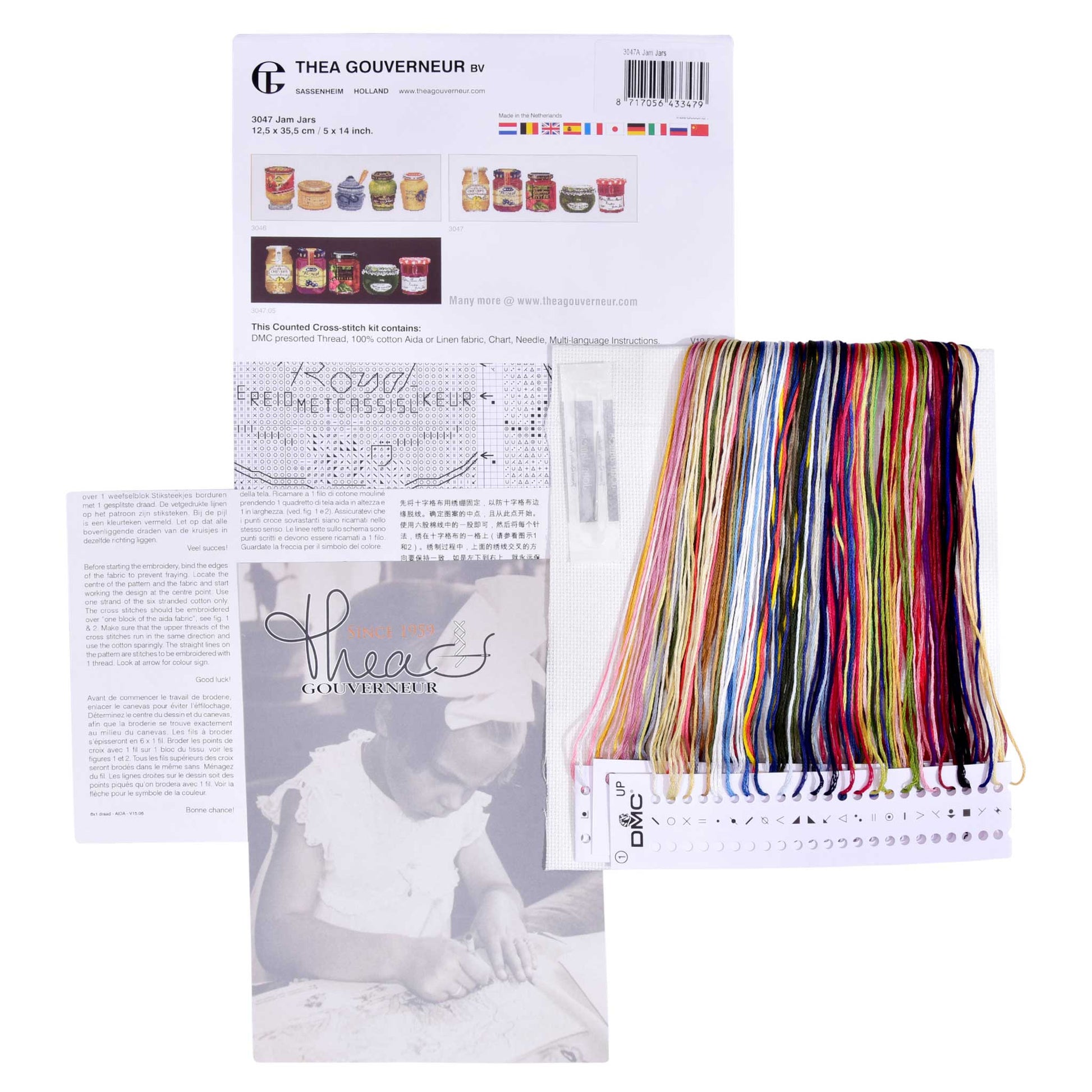 Embroidery kit content: Aida needlework fabrics, printed chart, colorful dmc embroidery threads presorted on the floss organizer