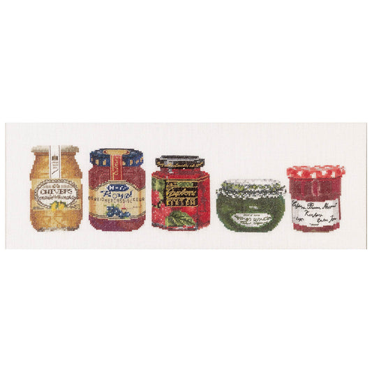 Cross stitch design various jam jars with labels on a white background