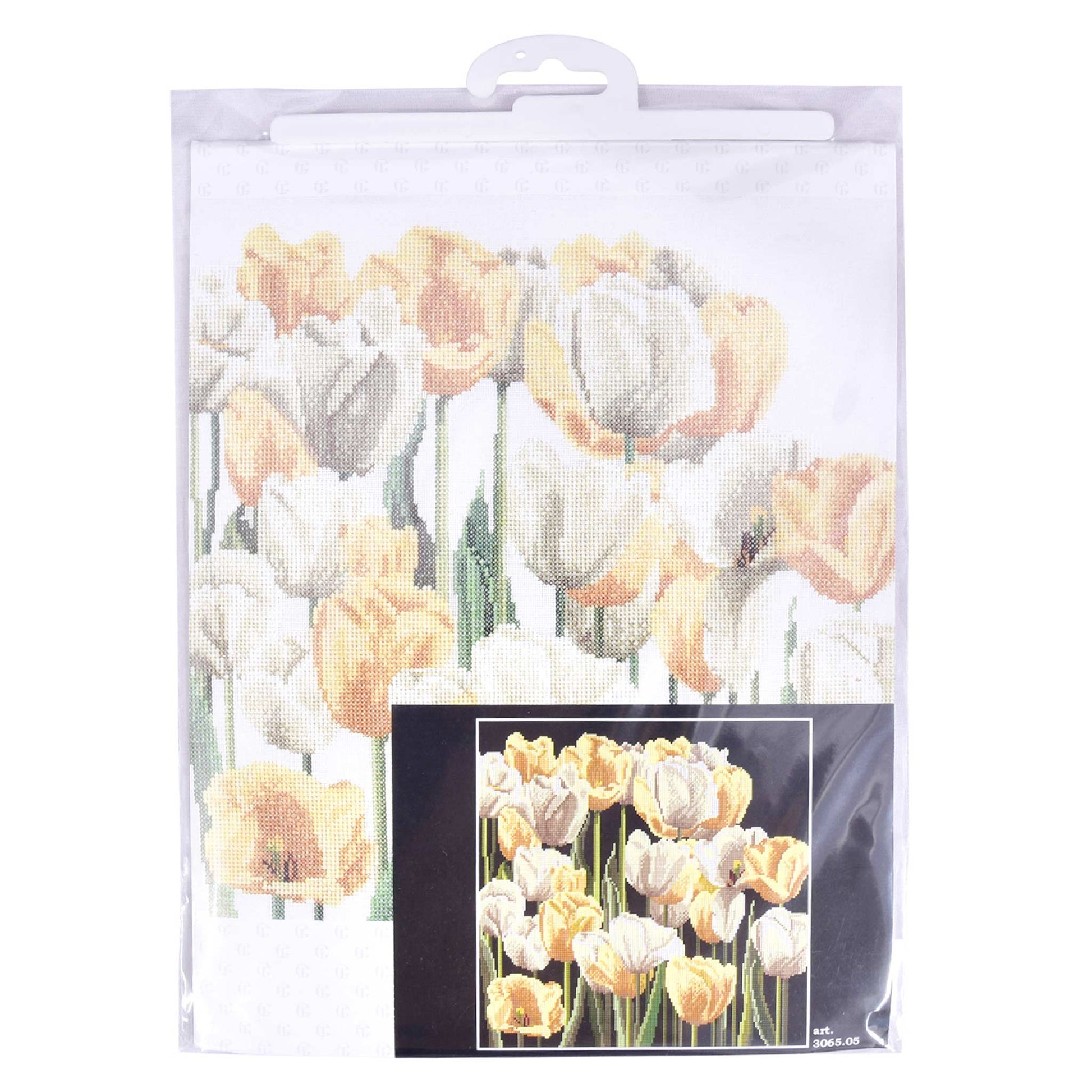 Packaging of Thea Gouverneur embroidery kit with colorful dmc embroidery threads and patterns on a white background