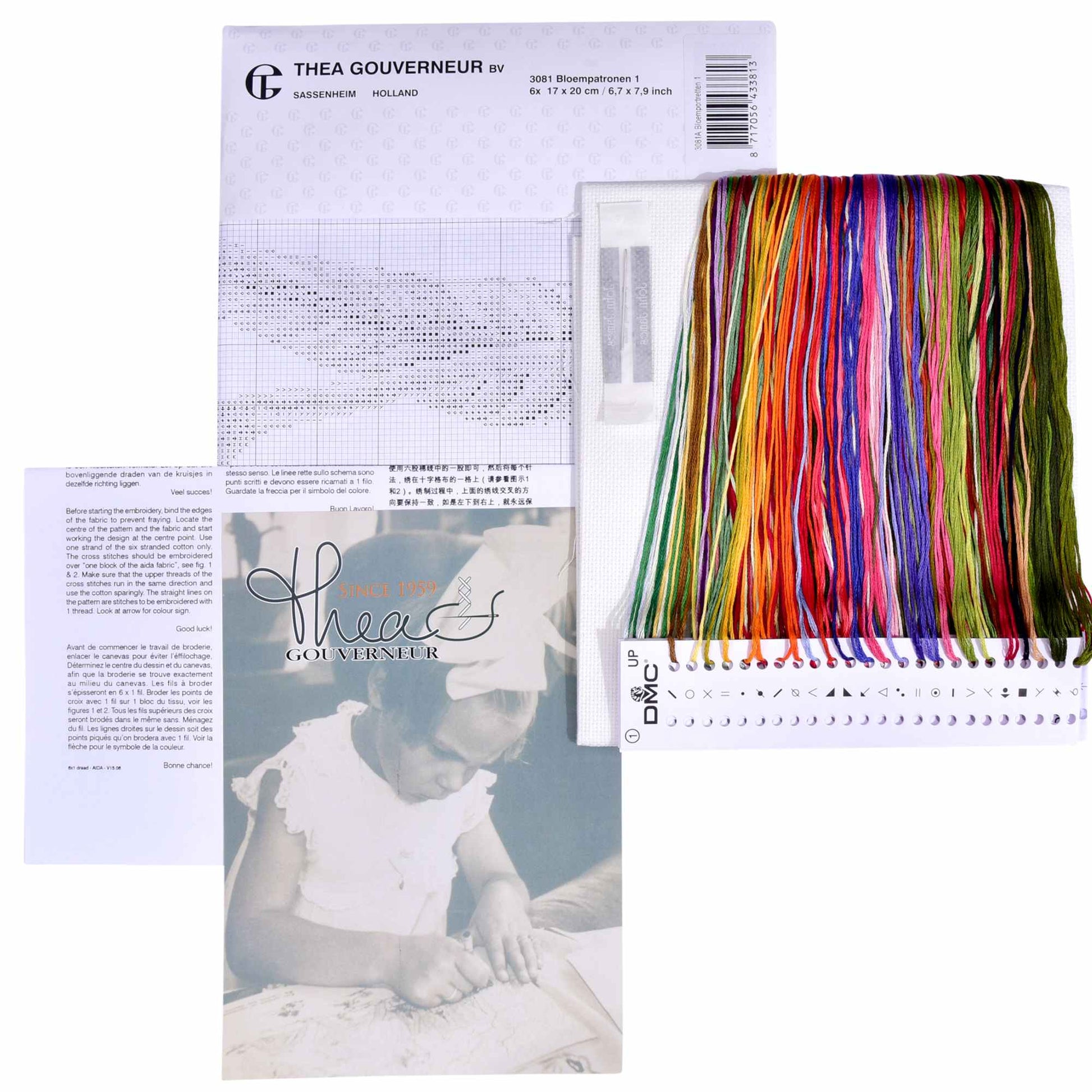 Colorful presorted mouline floss and kit content packaging with Thea Gouverneur branding
