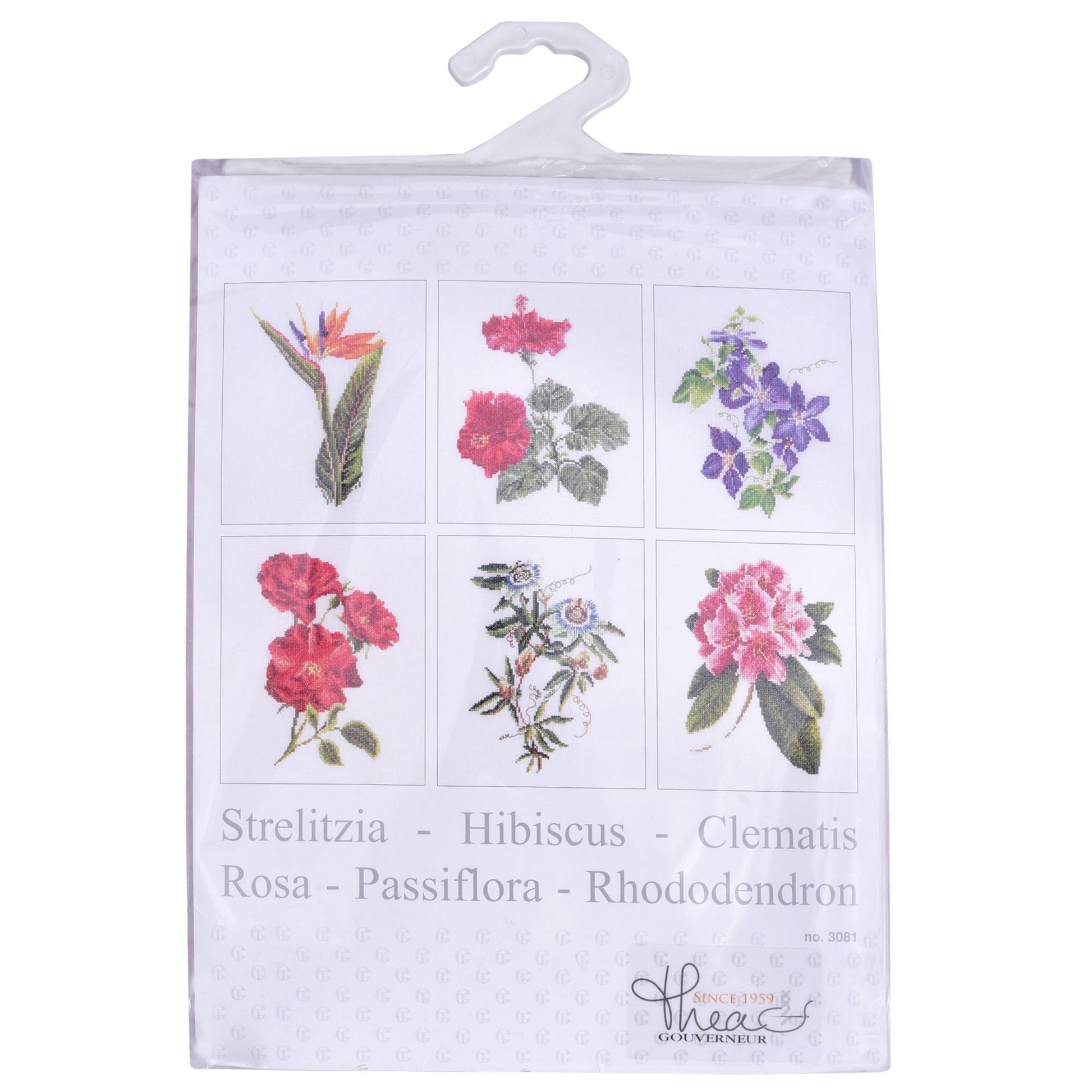 Packaged cross stitch kit floral design with plant names on a white background