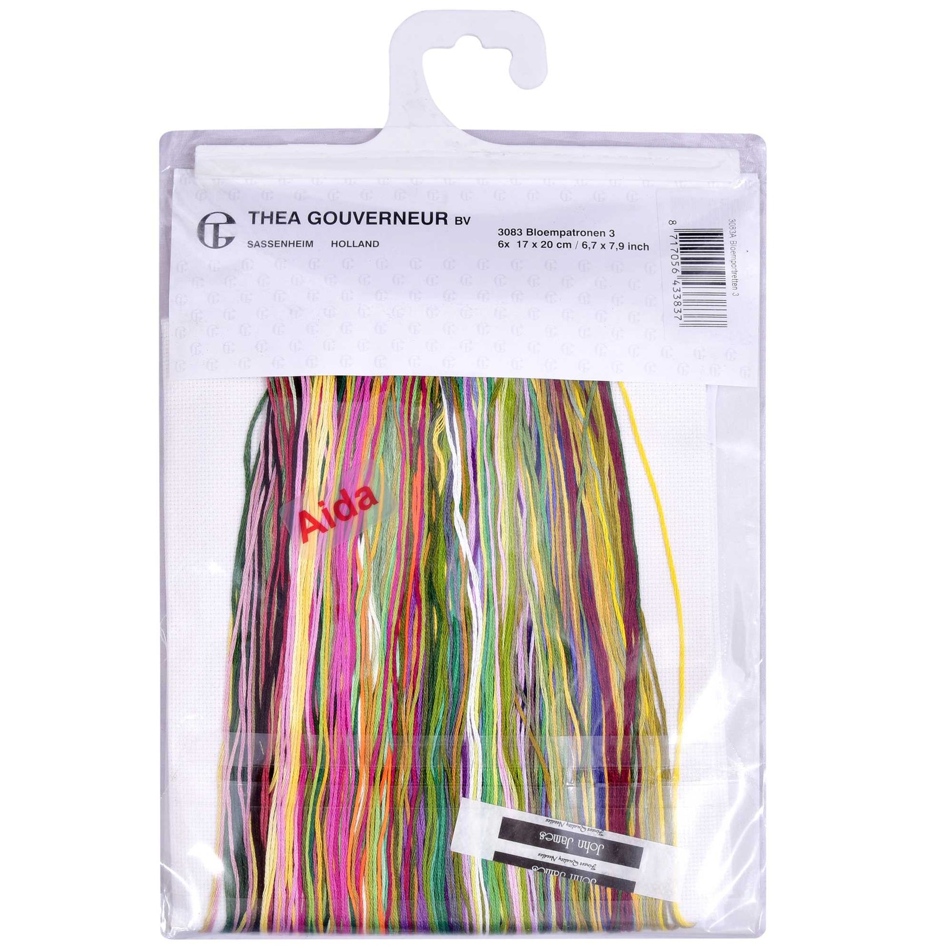 Packaged cross-stitch kit with needlework fabrics, pattern and embroidery threads, brand 'Thea Gouverneur' visible.