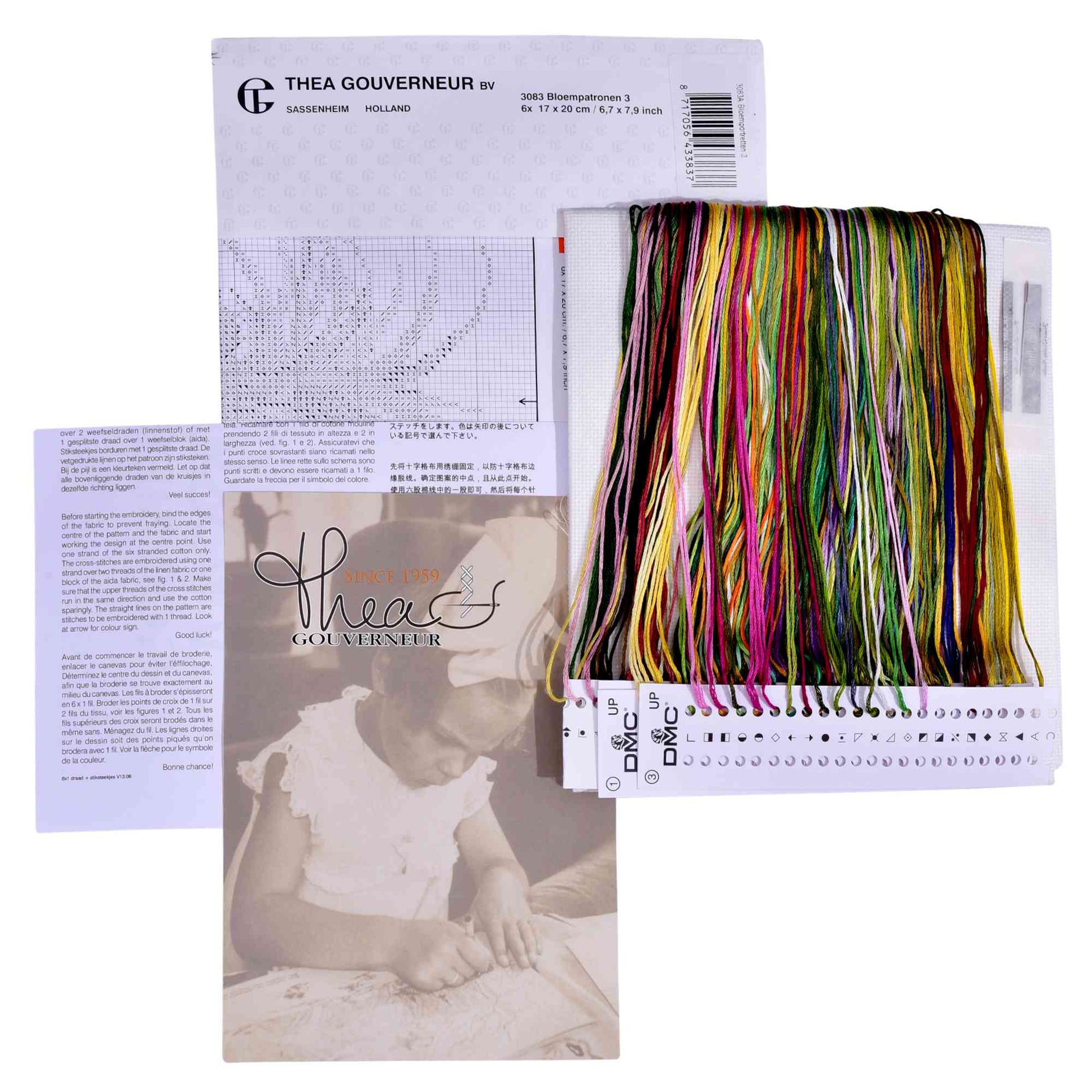 Embroidery kit with pattern and chart, needlework fabric, and threads on a white background