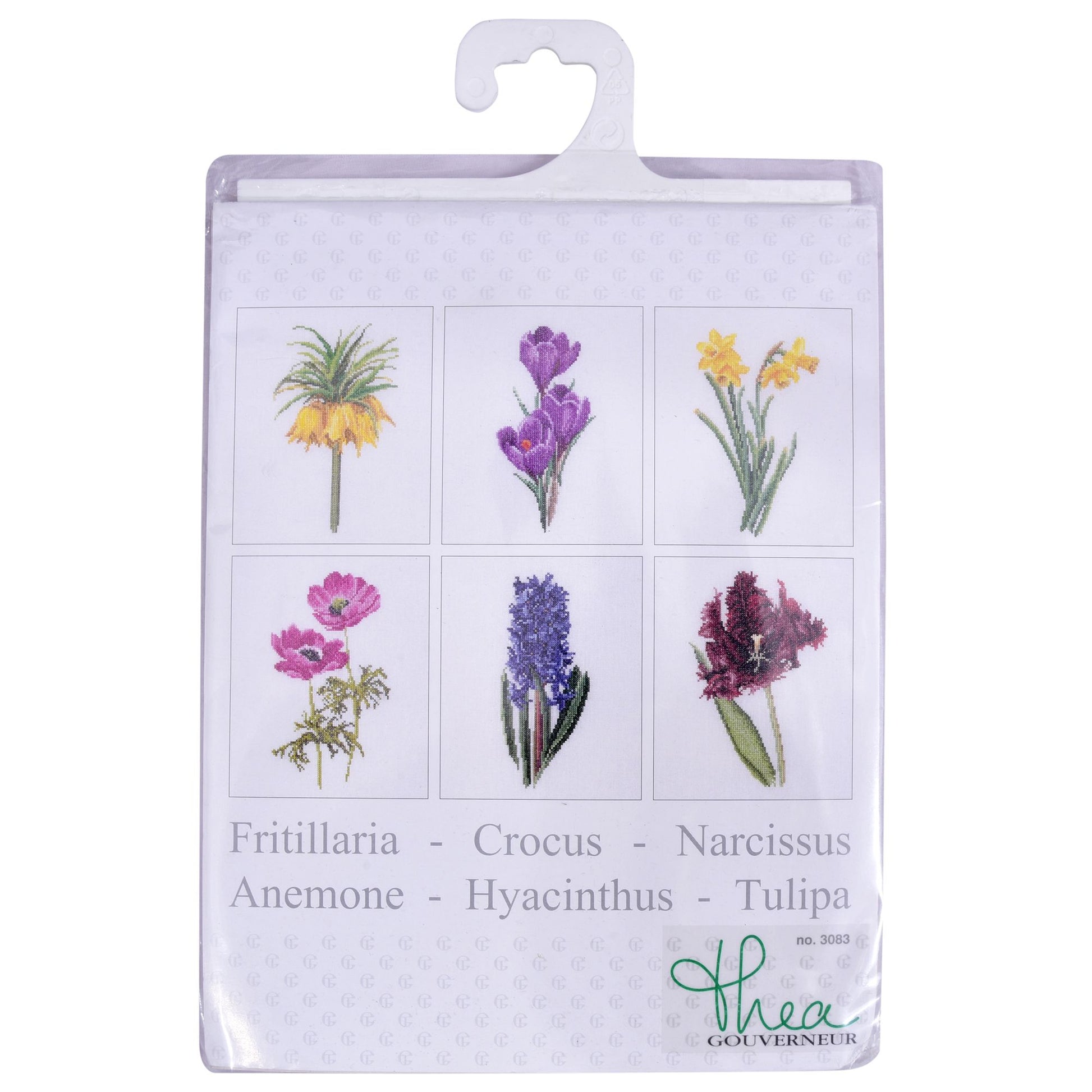 Packaging of floral cross stitch kit with by Thea Gouverneur
