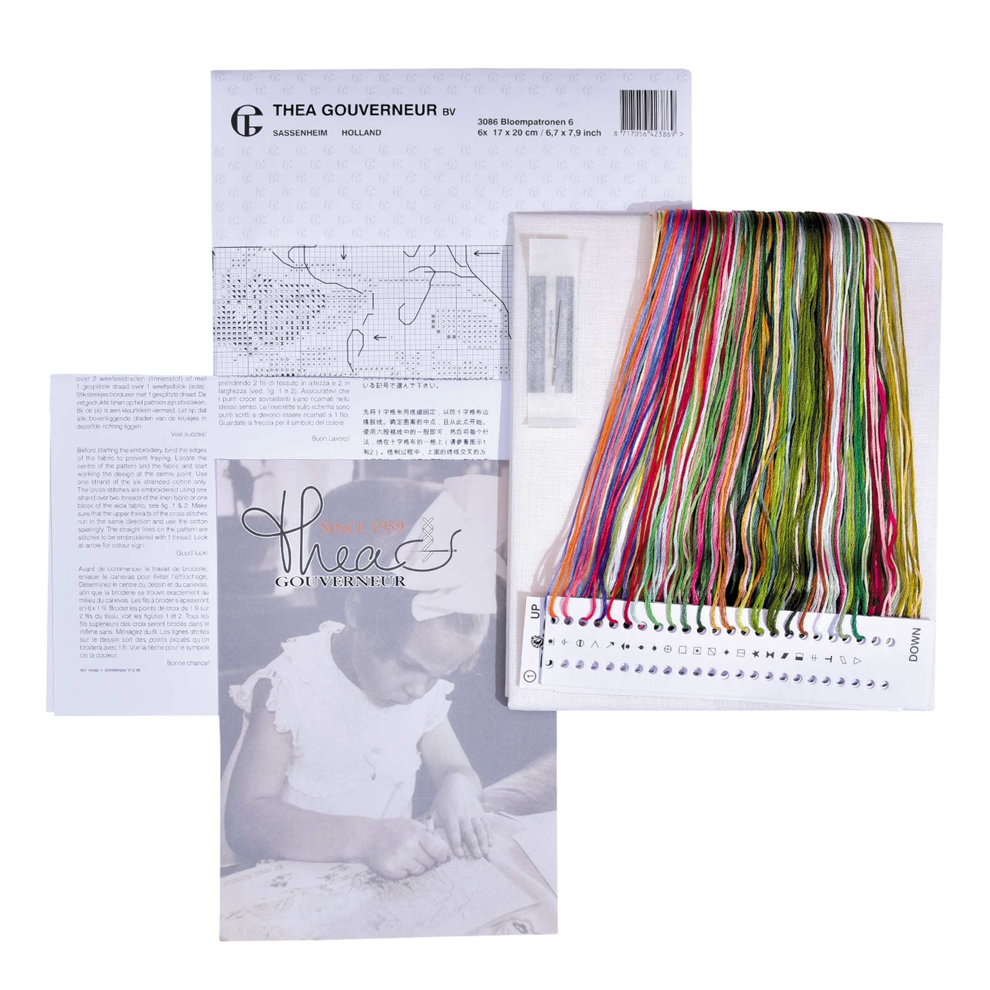 Colorful presorted mouline floss and kit content packaging with Thea Gouverneur branding