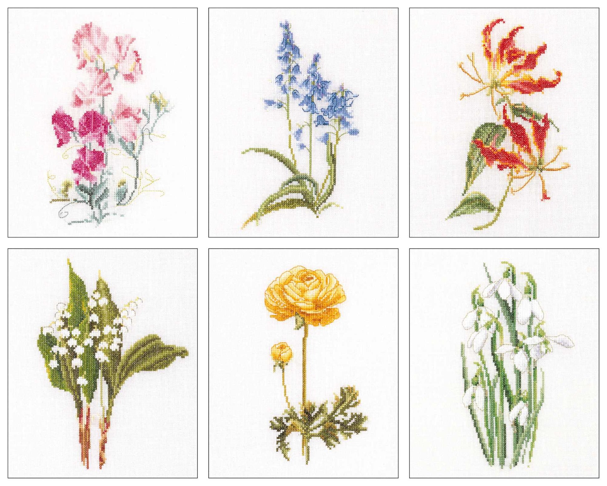 Set of six cross-stitch patterns of various flowers on a white background