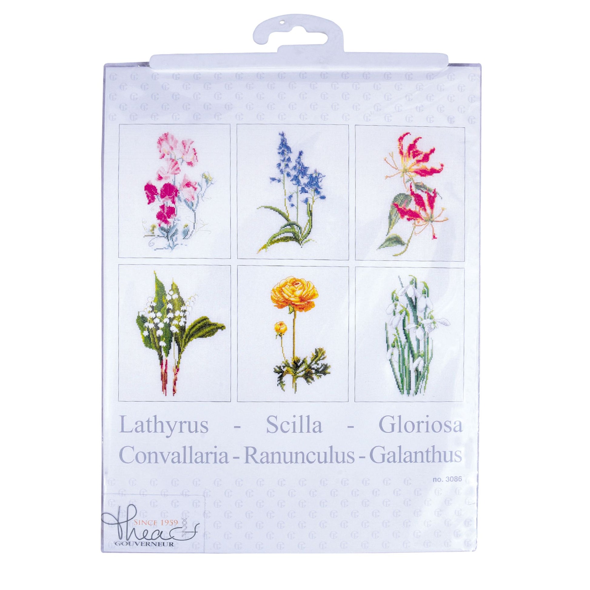 Packaging of floral designs with flower names on a white background