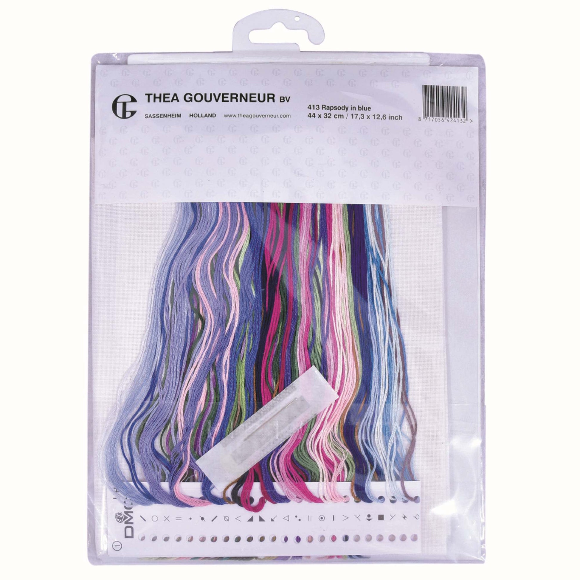 Packaged embroidery kit: presorted colorful threads, Aida fabrics, neelde, brand 'Thea Gouverneur' visible.