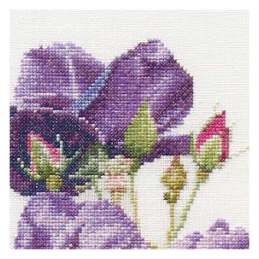 Cross-stitched design of purple flowers with green leaves close up