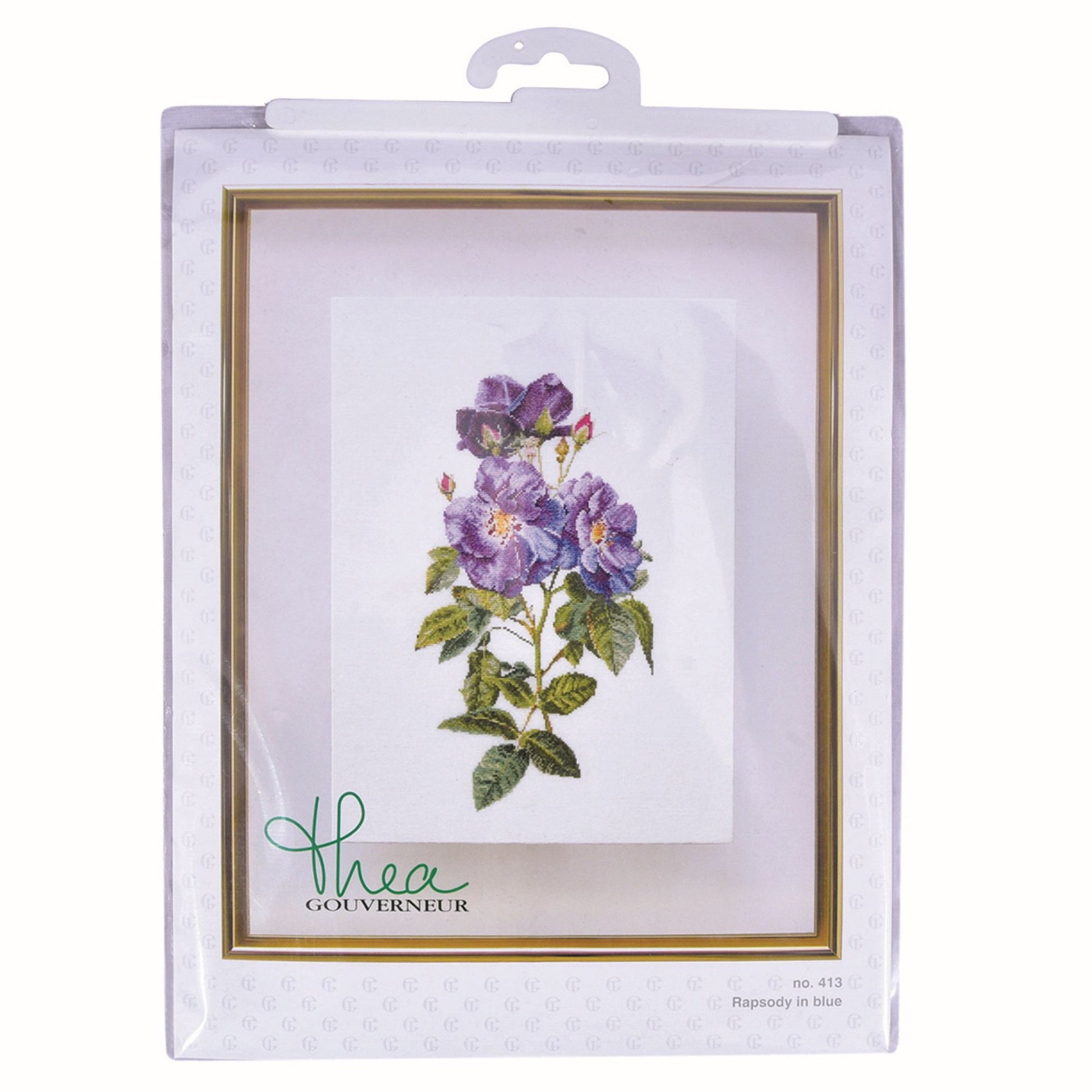 Floral design cross stitch kit package with 'Thea Gouverneur' branding on a white background