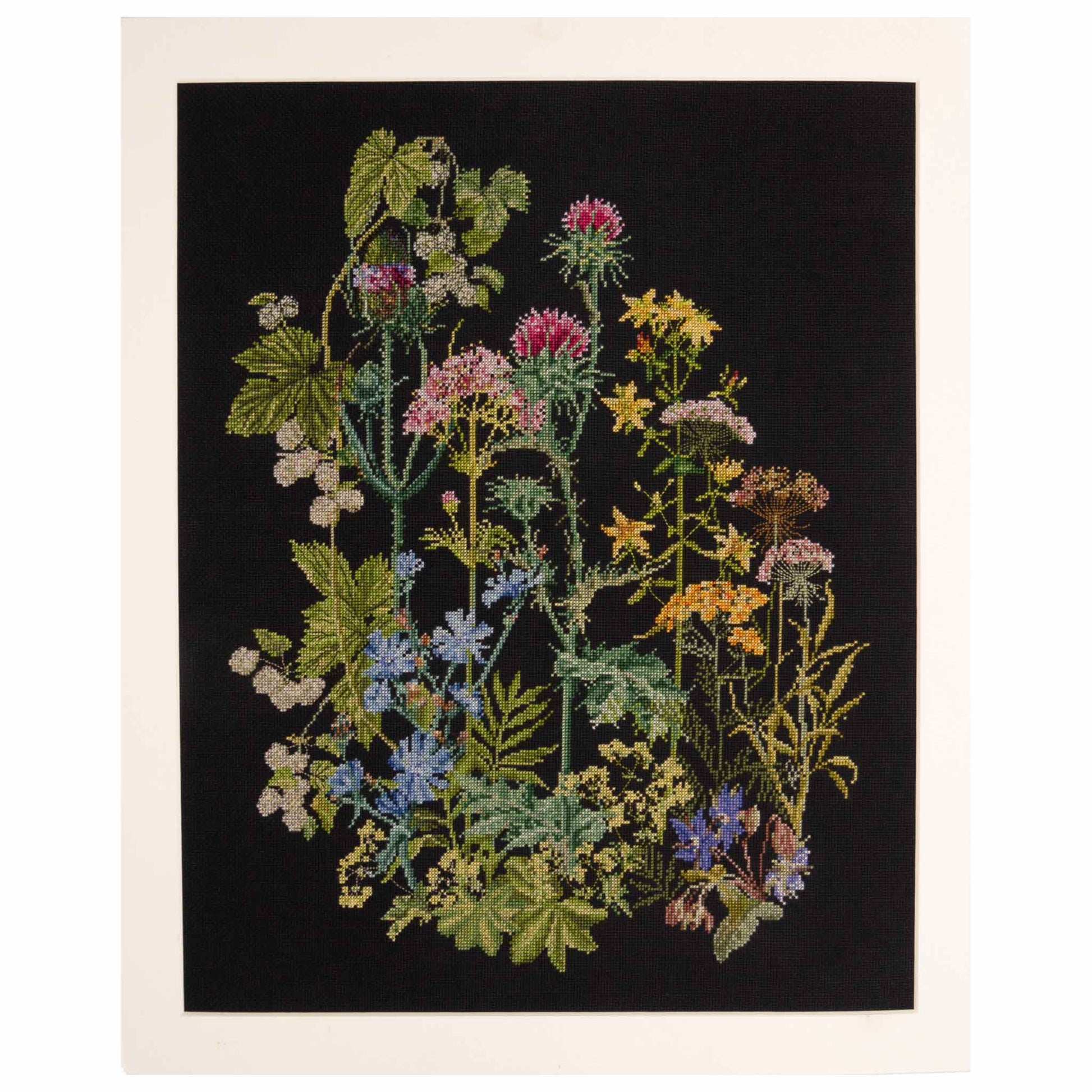 Embroidered floral design on a black background