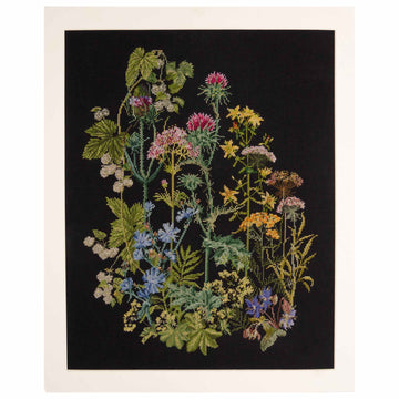 Embroidered floral design on a black background