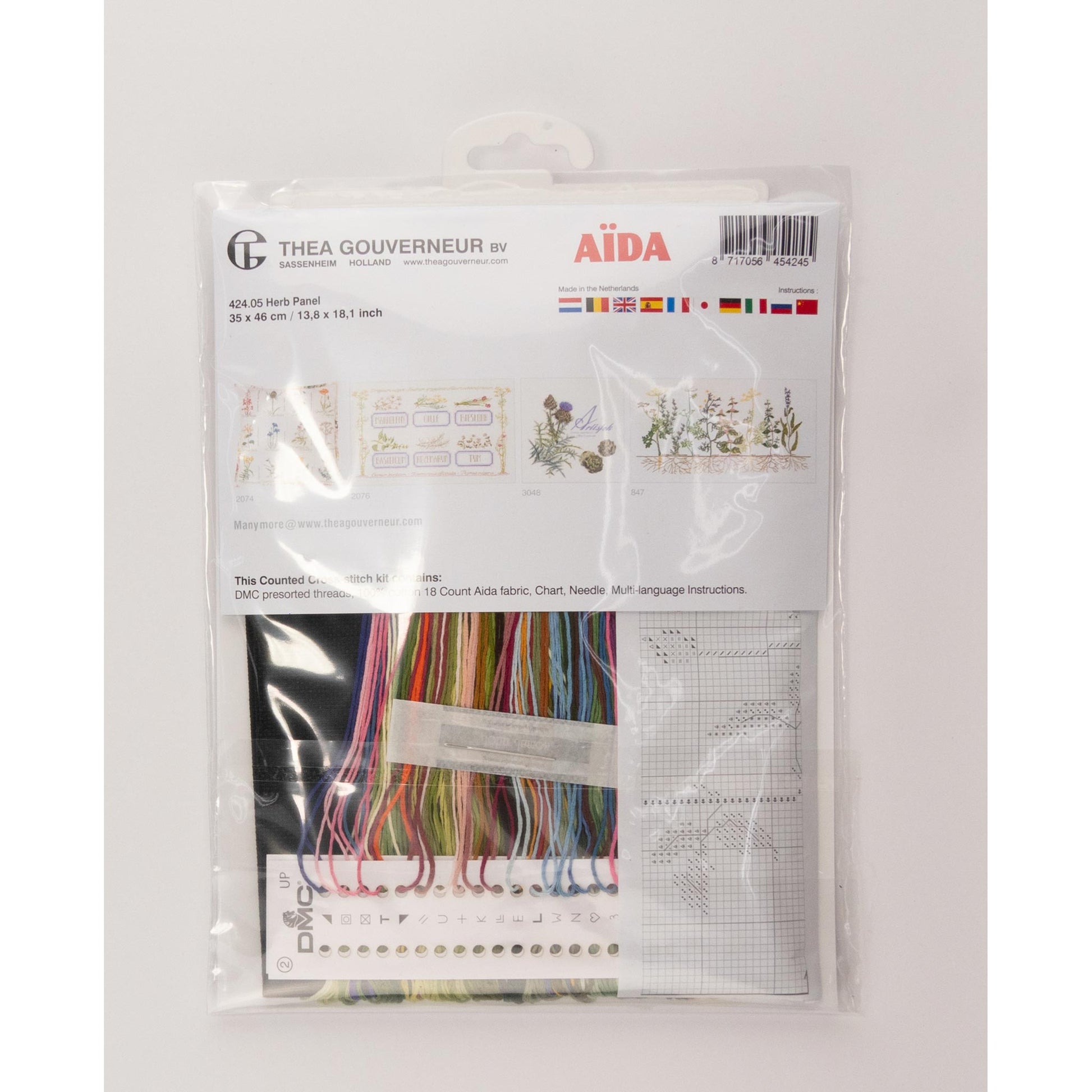 Cross stitch kit packaging with Thea Gouverneur branding kit content 