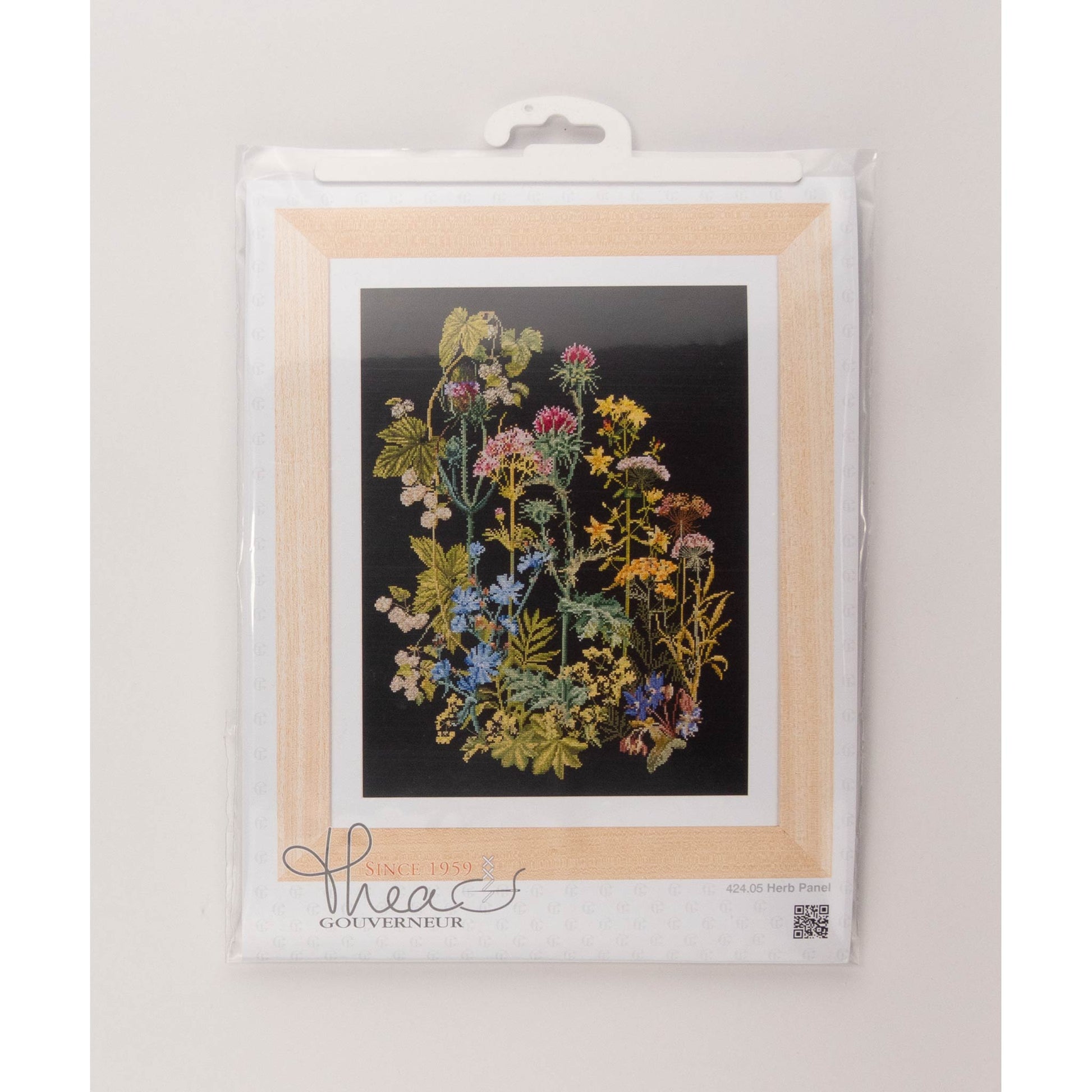 Packaged floral embroidery kit with a black background Thea Gouverneur