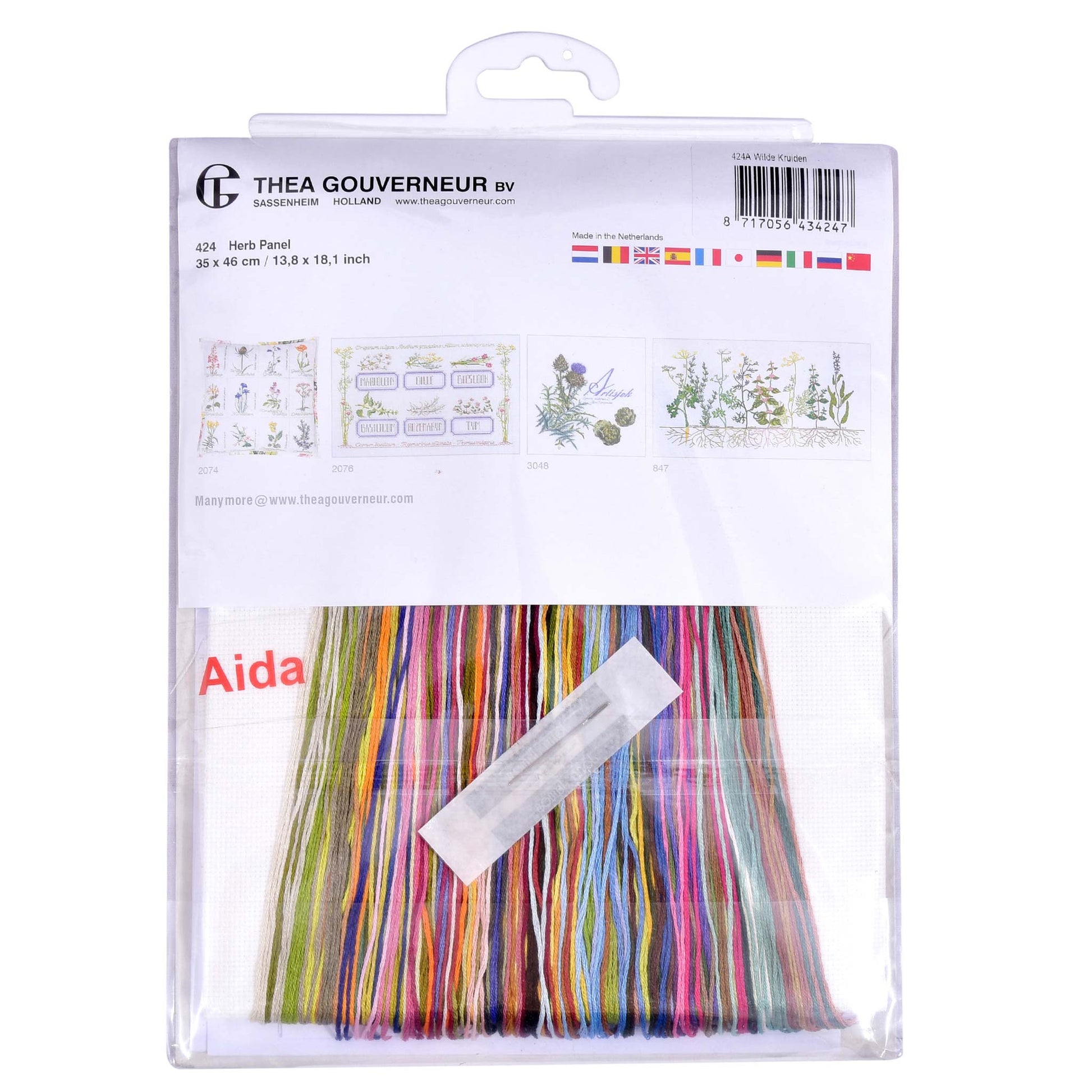 Packaged embroidery kit with colorful DMC threads presorted on the floss orginizer brand Thea Gouverneur