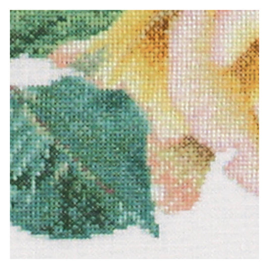 Cross-stitched design of a green bush with pink roses flowers in the background