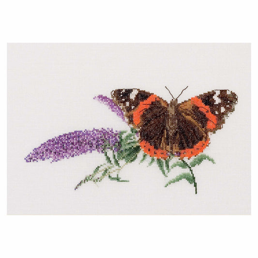 Butterfly and lavender cross-stitch design on a white background
