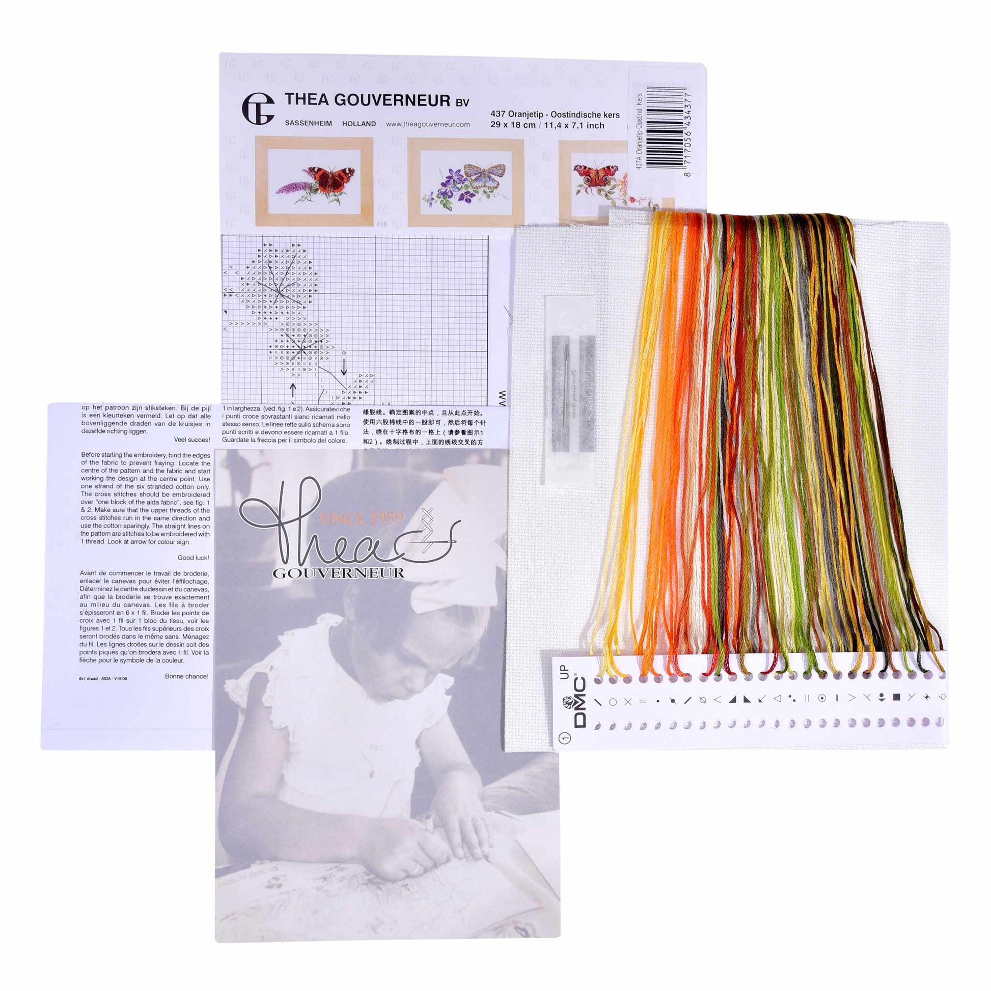 Embroidery kit with pattern and chart, needlework fabric, and threads on the floss organizer.