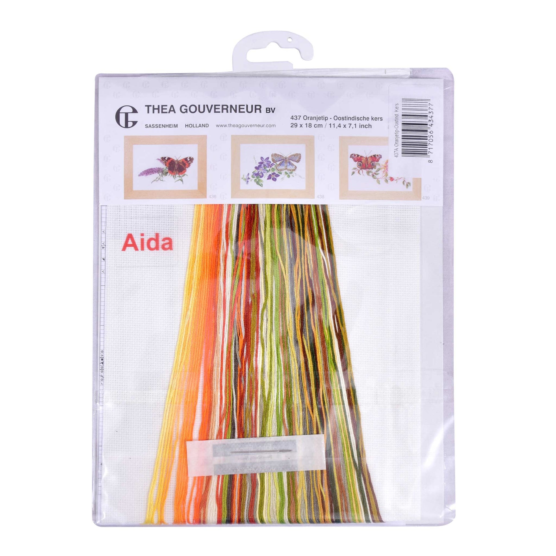 Packaged embroidery fabric with colorful threads and Thea Gouverneur branding on a white background