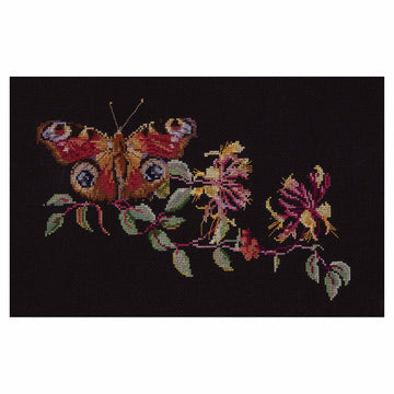 Embroidered design of butterflies and flowers on a black background