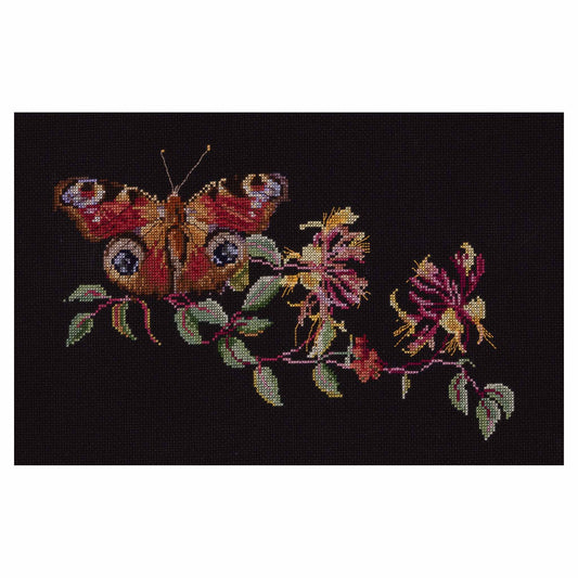 Embroidered design of butterflies and flowers on a black background