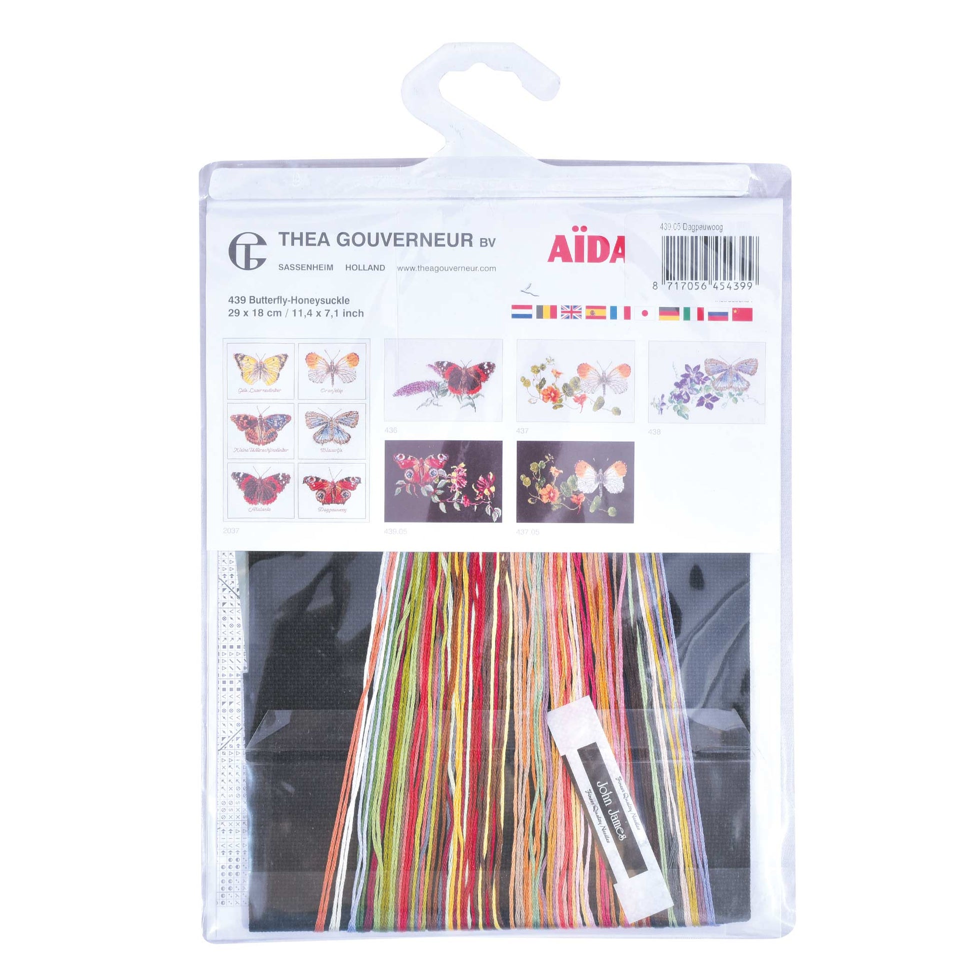 Packaged embroidery kit with colorful threads and floss cards on a white background