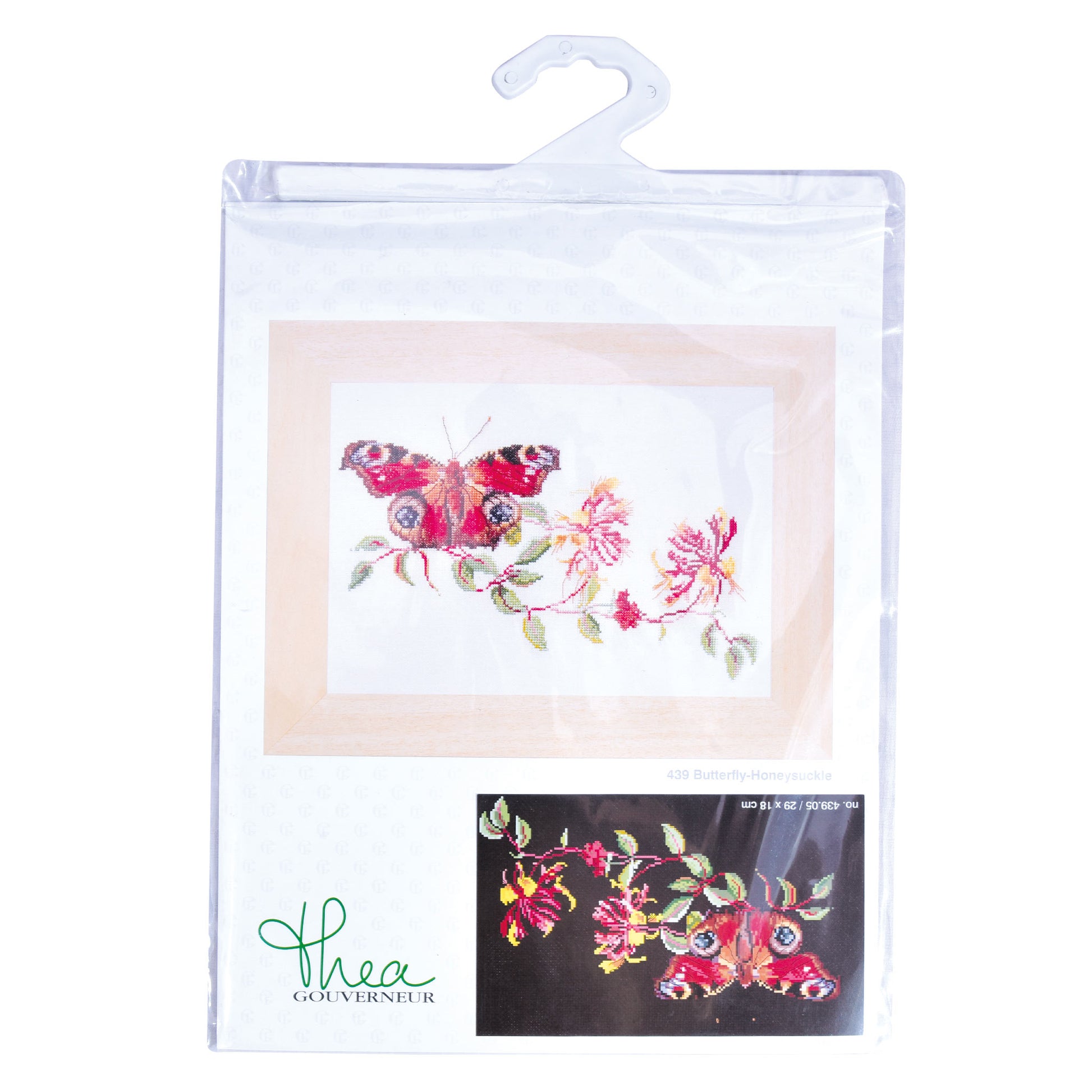 Embroidery kit with floral design and butterfly on a clear packaging with Thea Gouverneur branding.