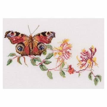 Cross-stitch butterfly and flowers on a white background
