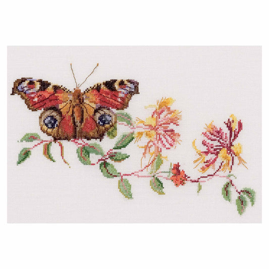 Cross-stitch butterfly and flowers on a white background