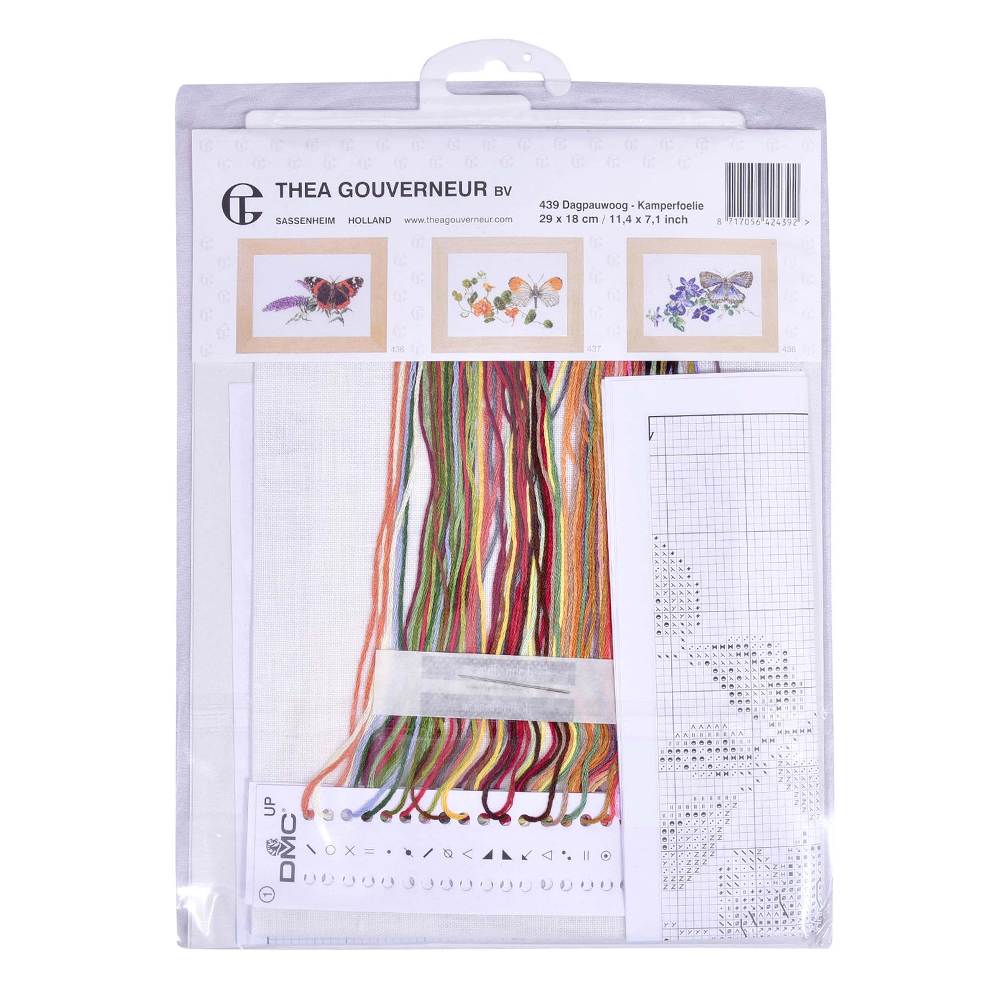 Cross-stitch kit packaging with colorful DMC embroidery threads presorted on the floss organizer and pattern chart, brand  Thea Gouverneur