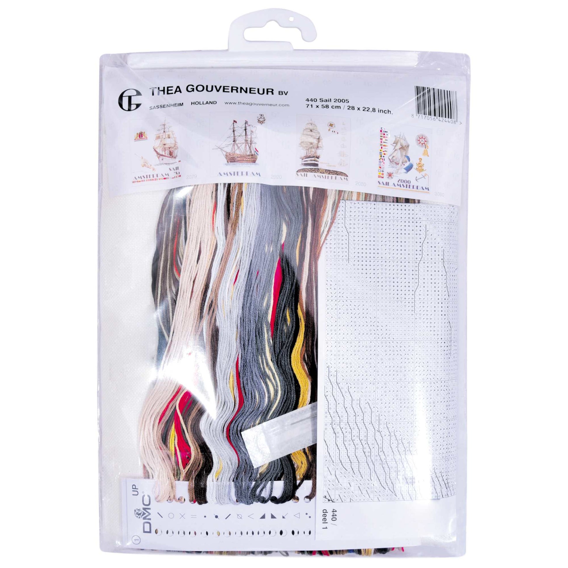 Embroidery kit packaging with cross-stitch threads and pattern chart 