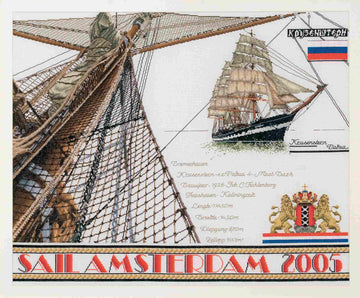 cross stitch of a sailing ship with detailed rigging and a coat of arms, featuring 'Sail Amsterdam 2005'.