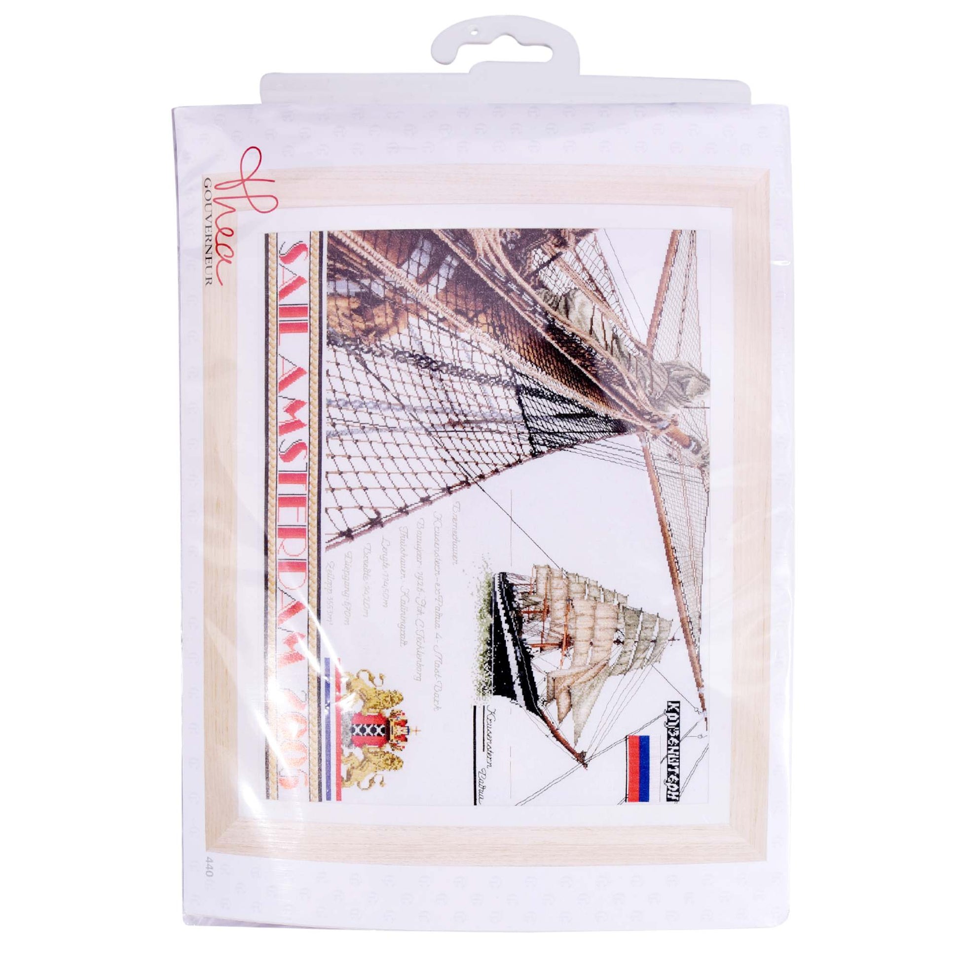 Packaged cross stitch product with ship design and text by Thea Gouverneur