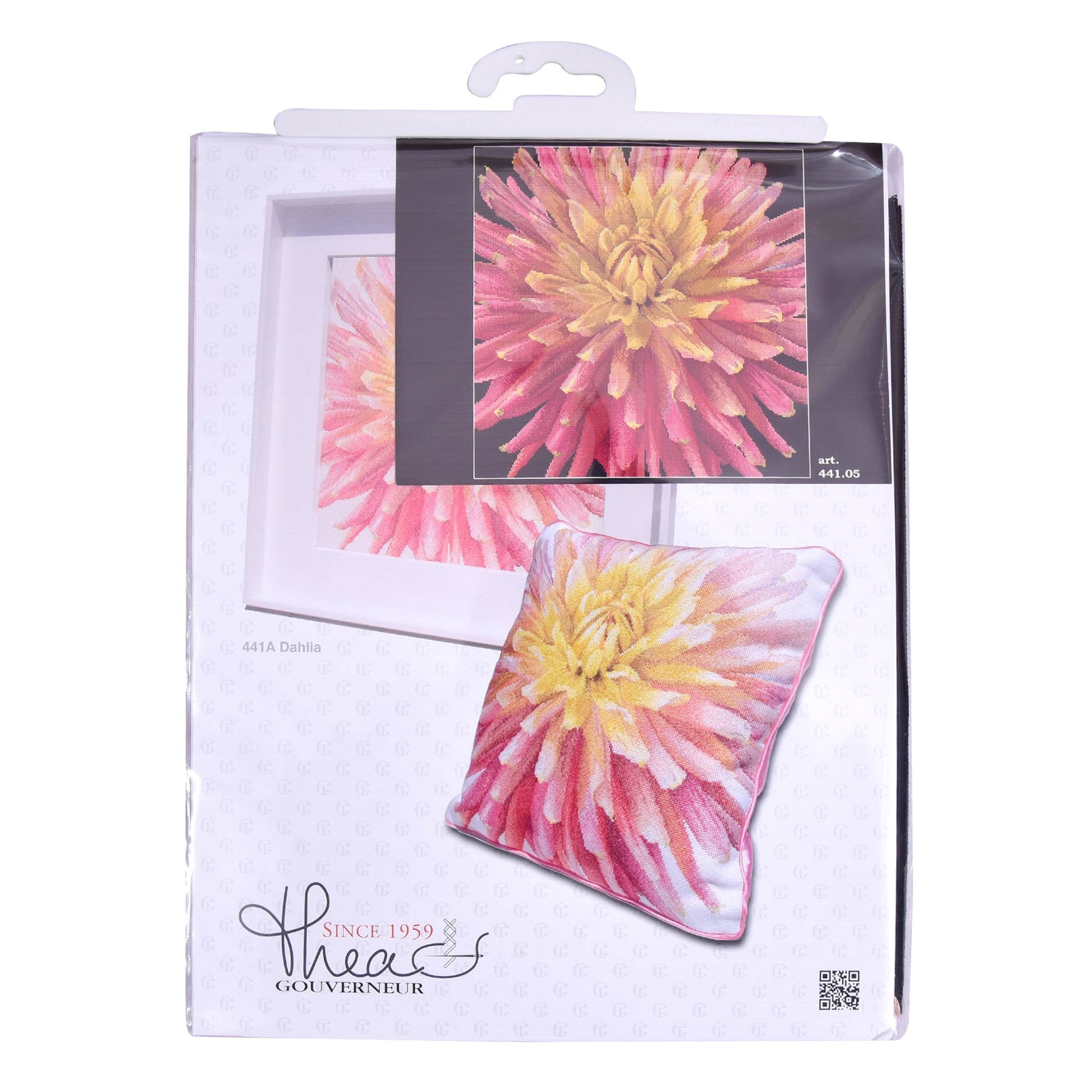 Floral embroidery kit packaging with 'thea Gouverneur' branding on a white background