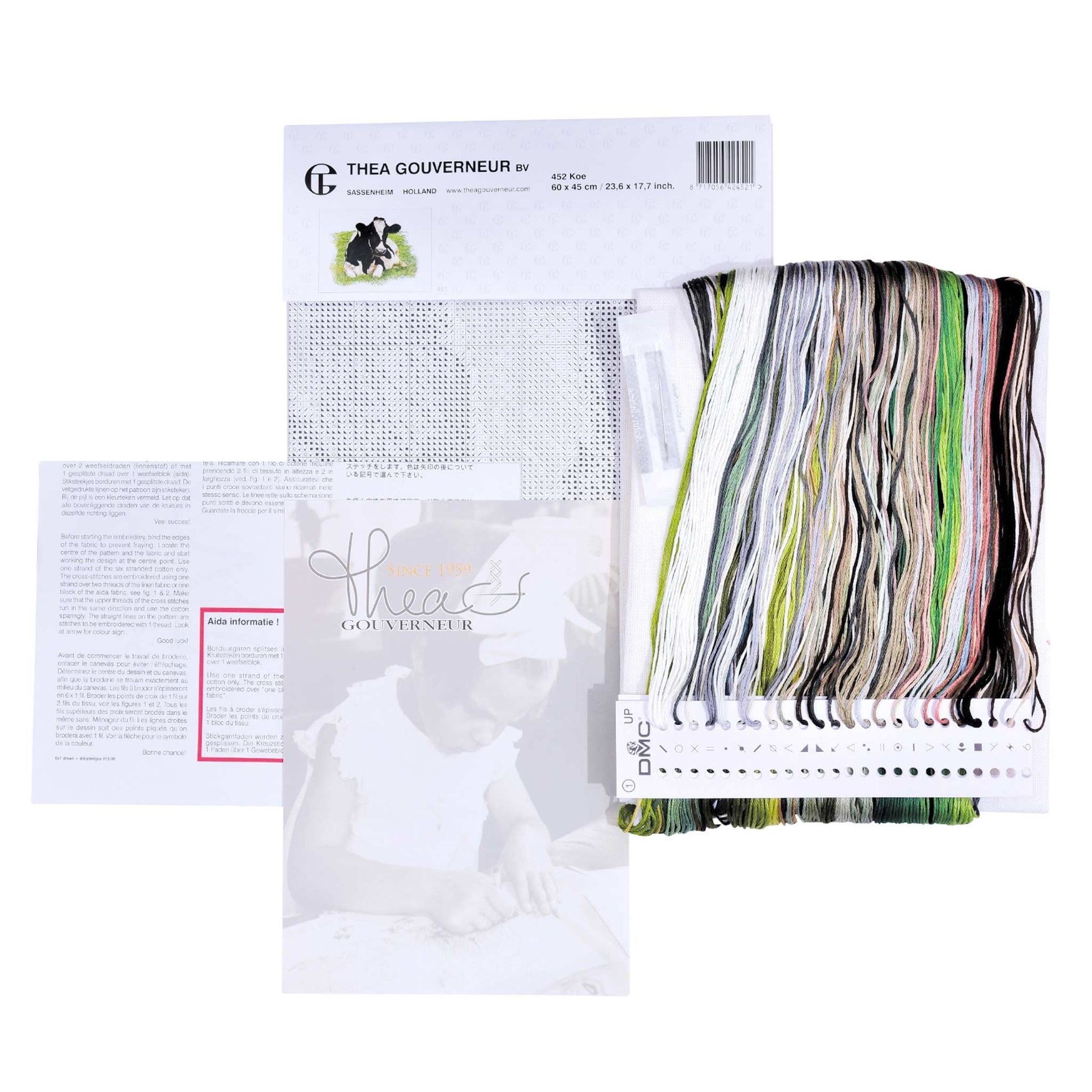 Colorful presorted mouline floss and kit content packaging with Thea Gouverneur branding