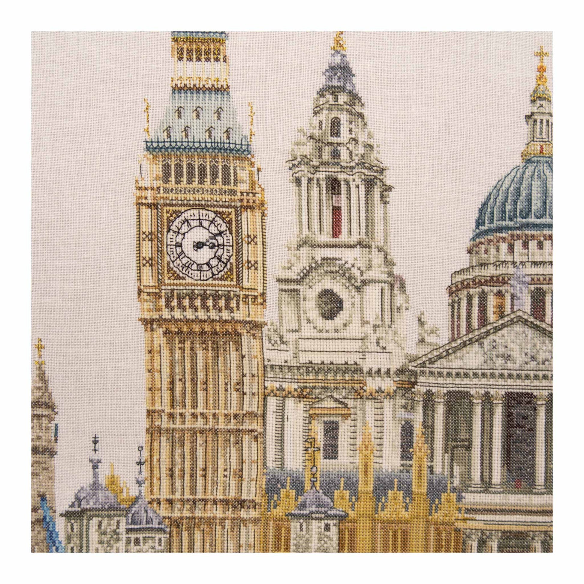 Cross-stitched depiction of Big Ben and St. Paul's Cathedral London Town close up