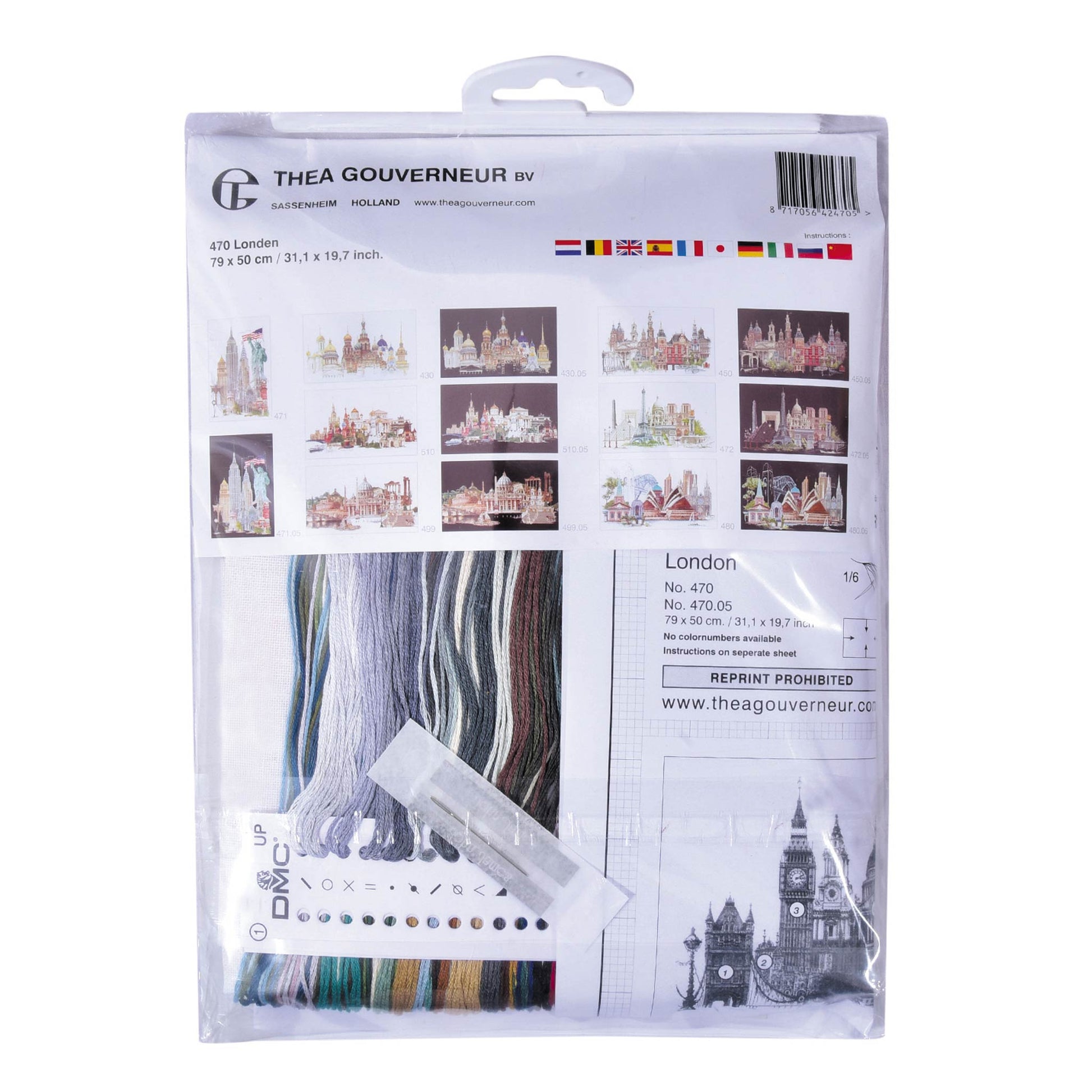Packaged embroidery kit with London-themed designs and thread colors Thea Gouverneur