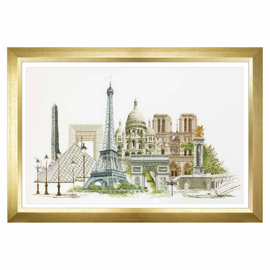 cross stitch design of Parisian landmarks including the Eiffel Tower and Notre-Dame Cathedral.