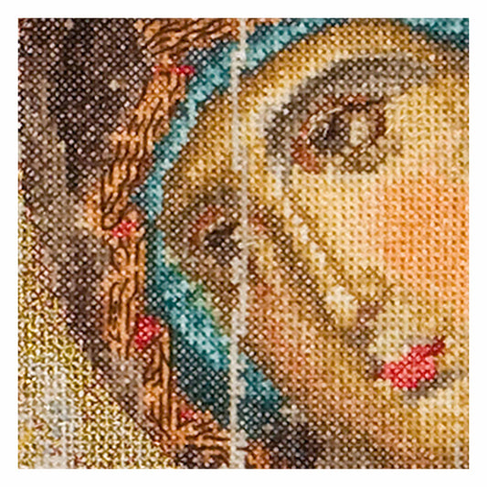 Close-up of a cross-stitched Icon Mother of God