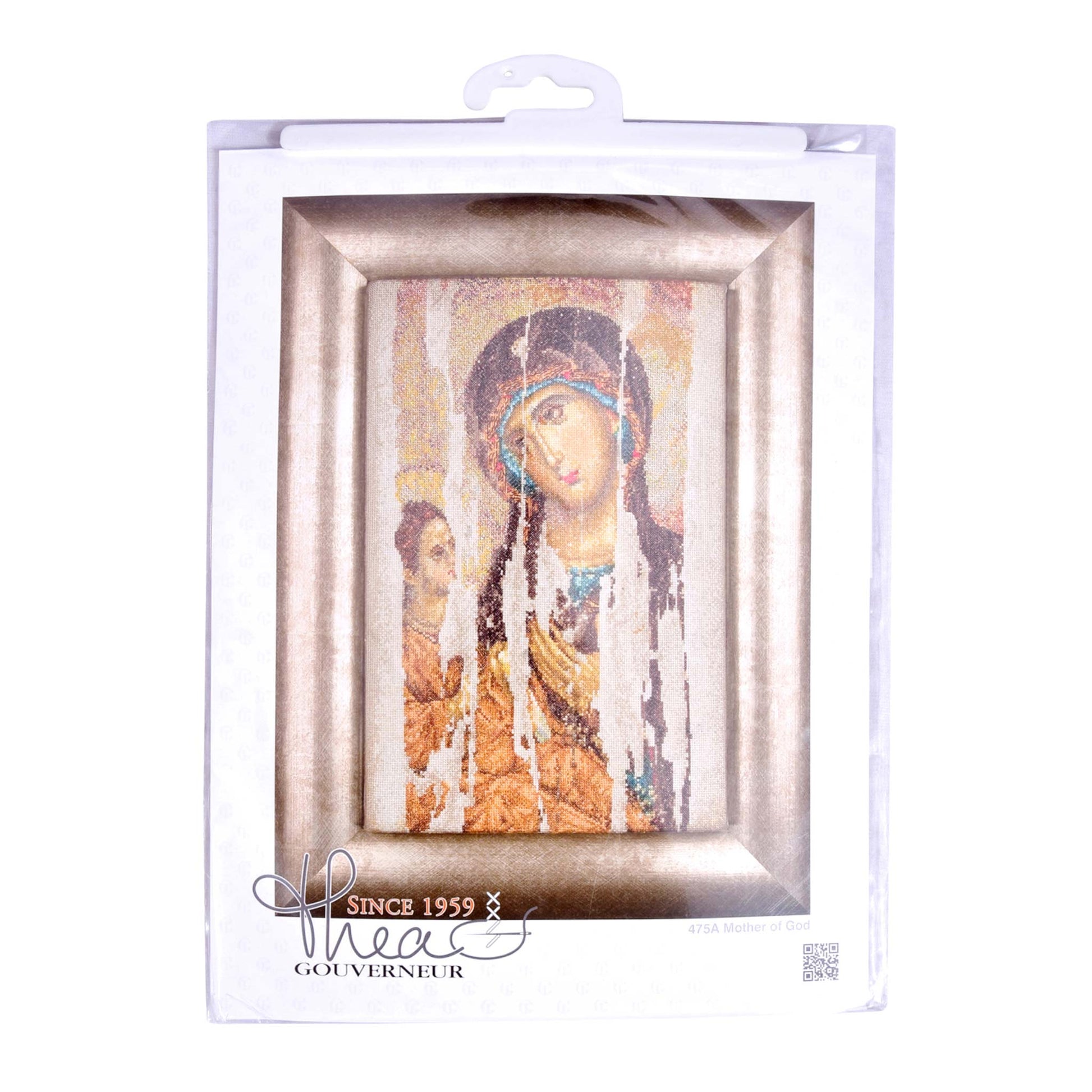 Packaged embroidery kit of a religious Icon with 'thea's Gouverneur' branding.