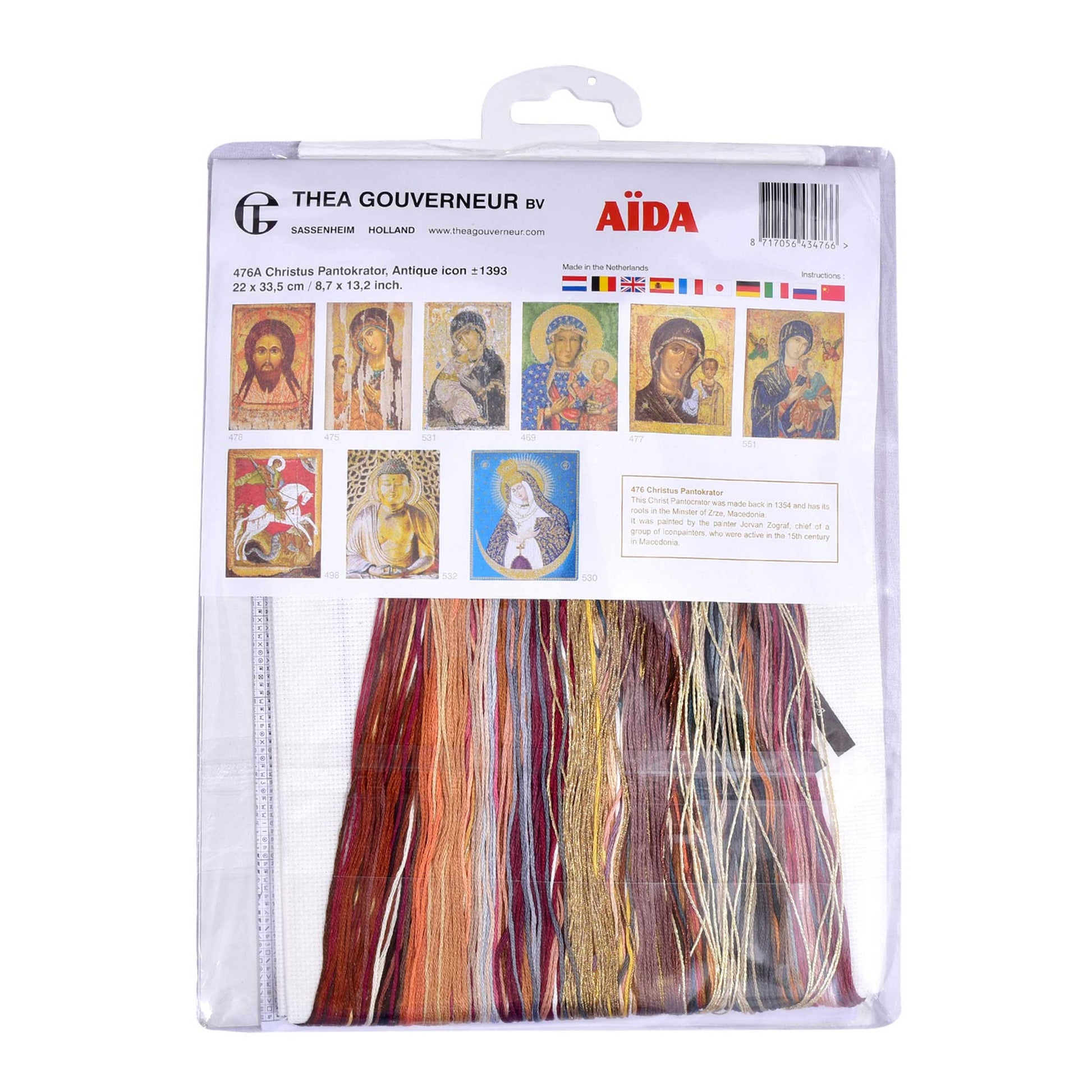 Package of Aida fabric with dmc embroidery threads and Thea Gouverneur branding