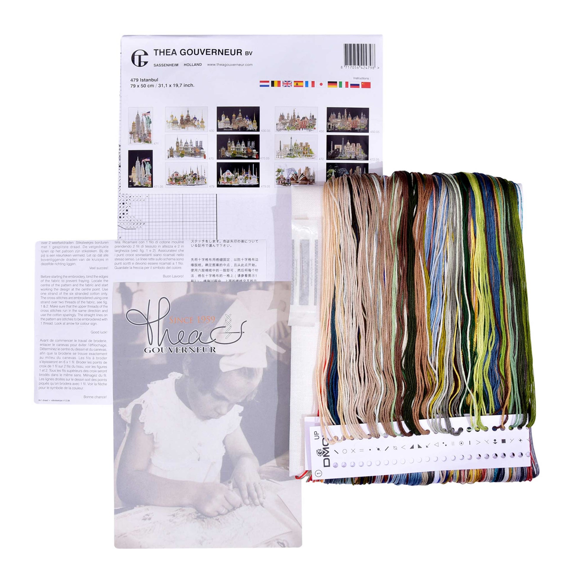 Colorful presorted mouline floss and kit content packaging with Thea Gouverneur branding