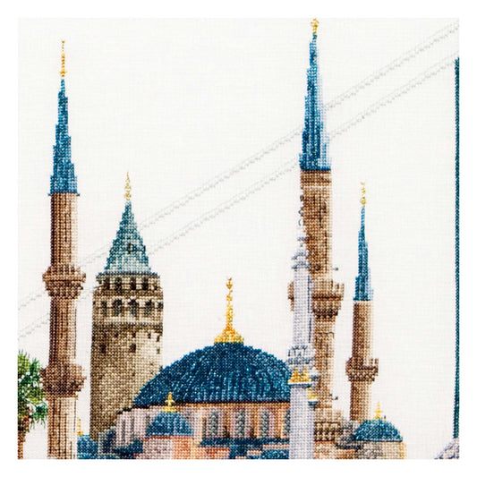 Cross-stitched pattern of a mosque with tall minarets in Istanbul