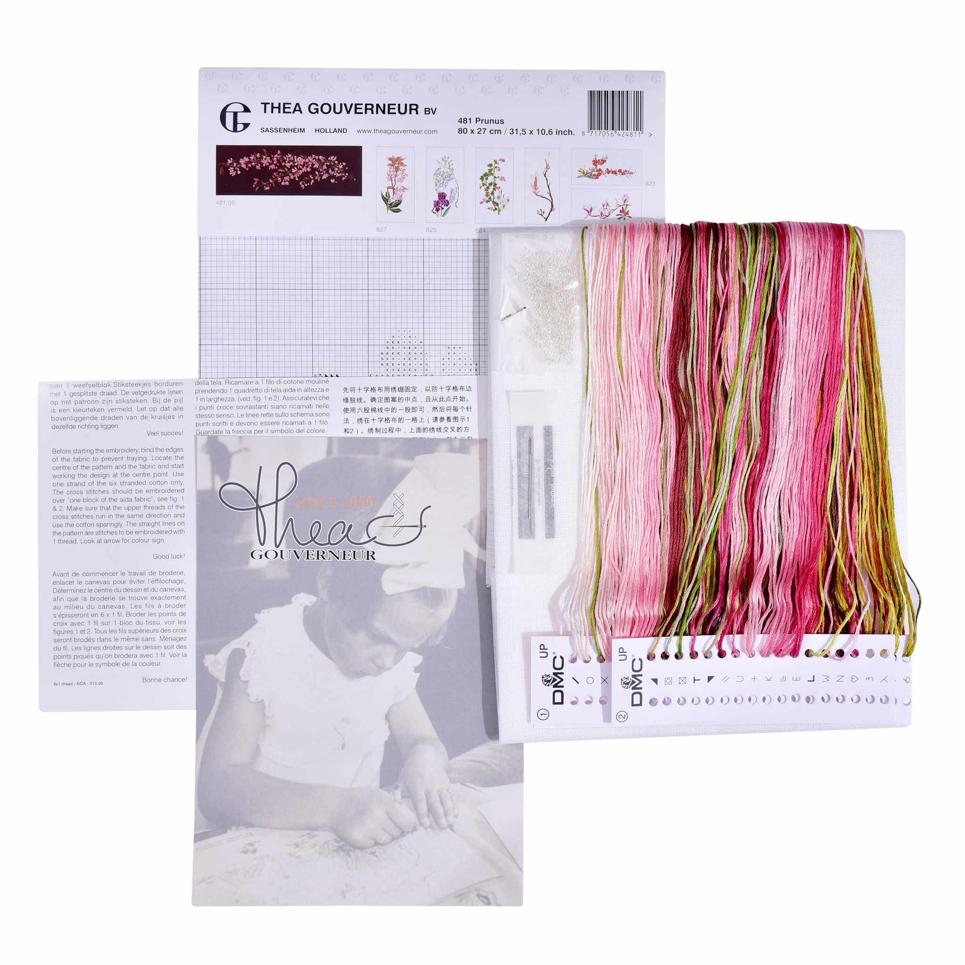 Thea Gouverneur embroidery kit with pattern sheet, needlework fabric, and DMC floss threads