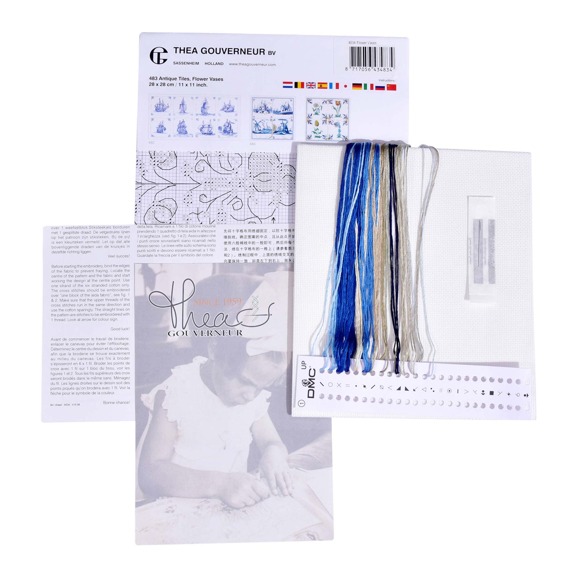 Embroidery kit content: Aida needlework fabrics, printed chart, colorful dmc embroidery threads presorted on the floss organizer