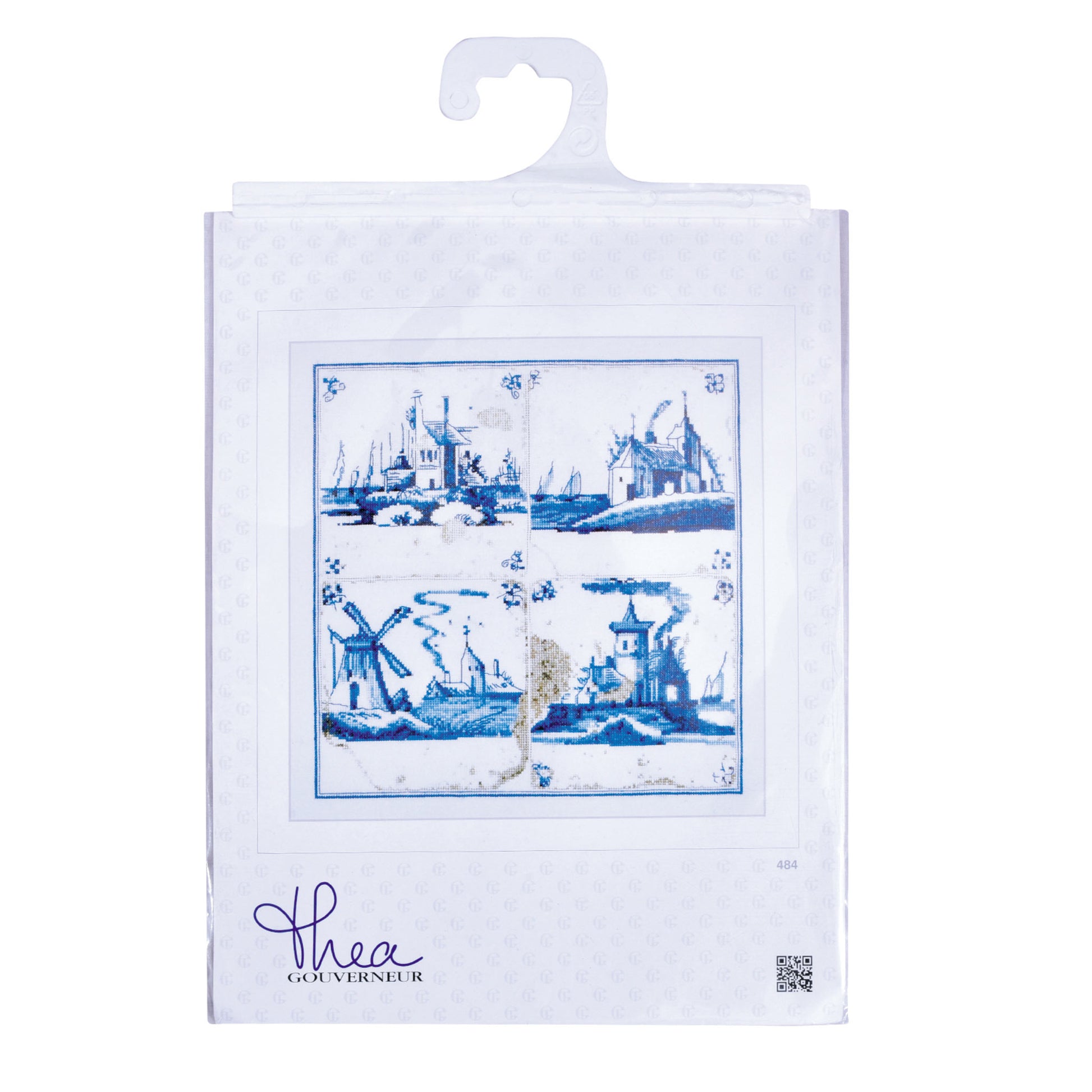 Packaged product with blue and white design featuring Delf buildings and windmills, branded 'Thea Gouverneur'.
