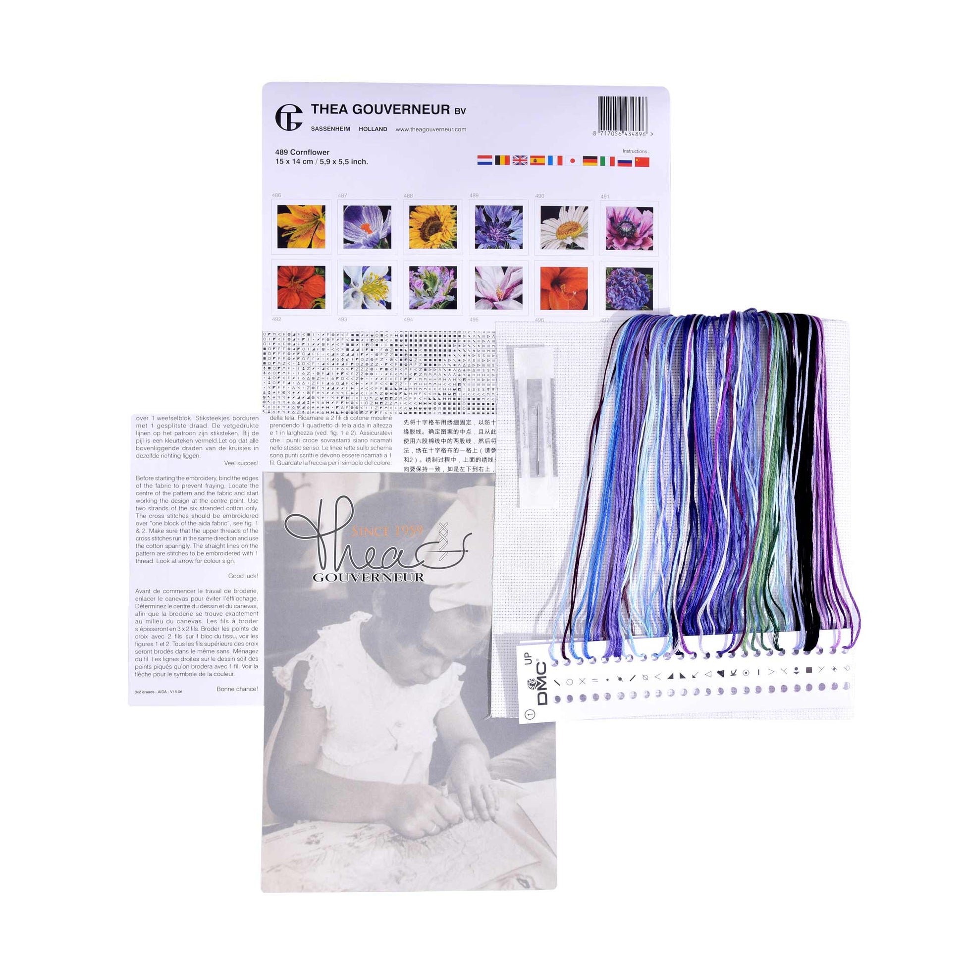 Embroidery kit with pattern and chart, needlework fabric, and dmc floss threads on a white background