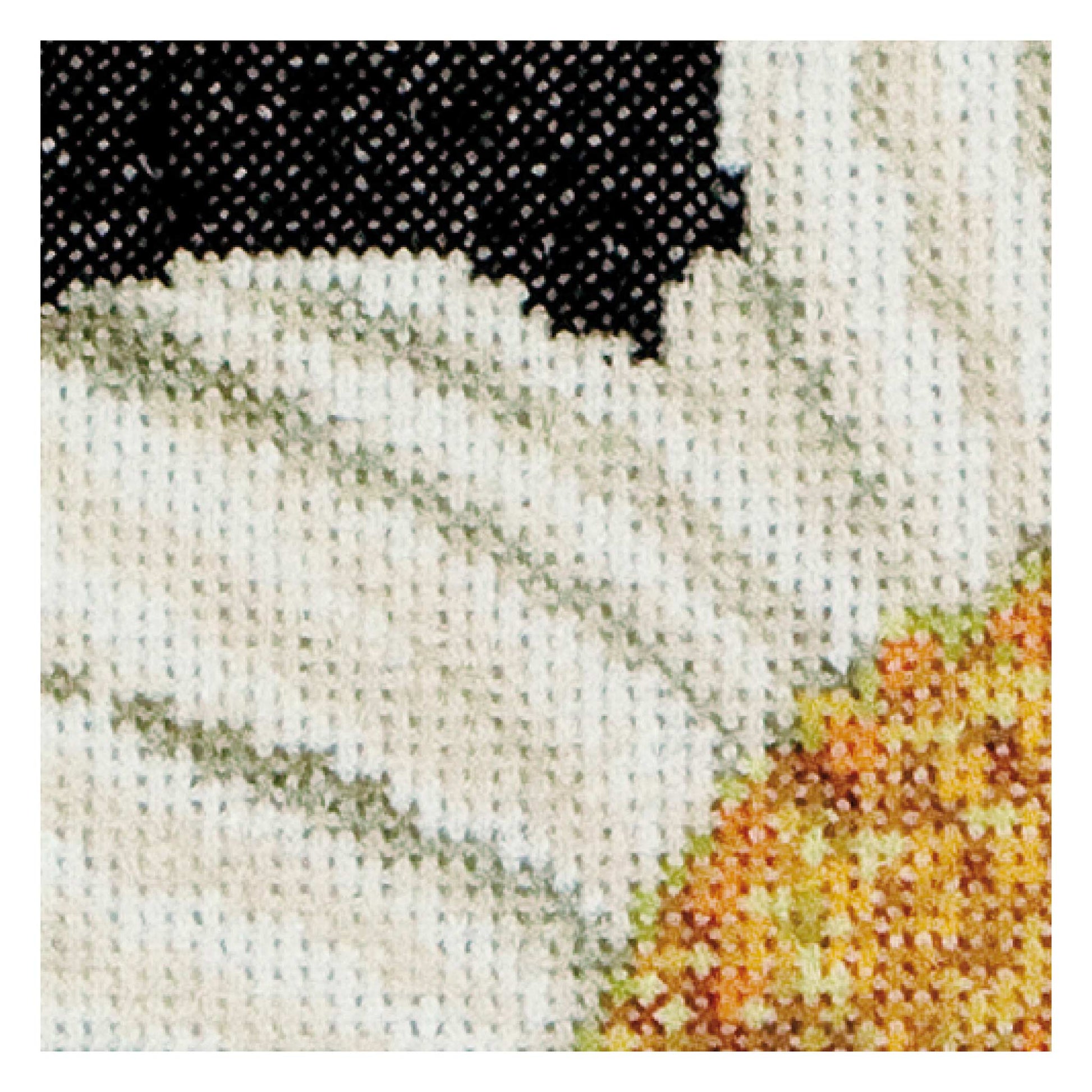Close-up of a cross-stitched piece with floral daisy design 
