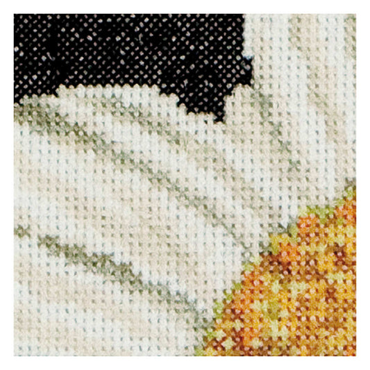 Close-up of a cross-stitched piece with floral daisy design 