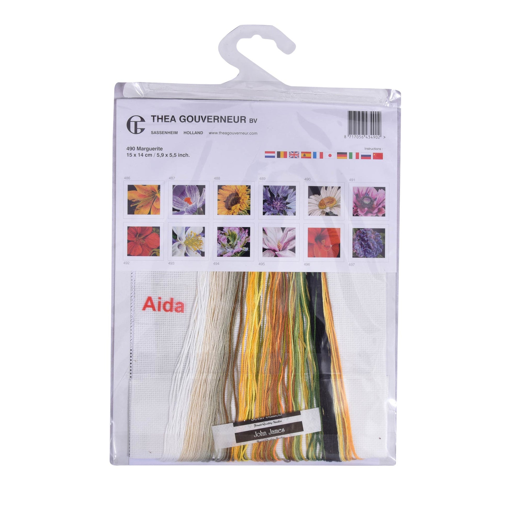 Packaged embroidery kit with colorful dmc embroidery threads and patterns on a white background